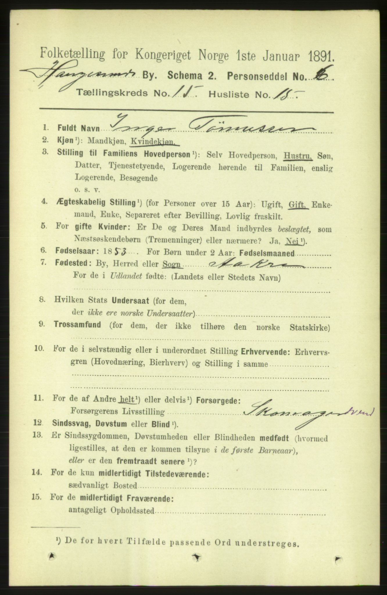 RA, 1891 census for 1106 Haugesund, 1891, p. 5056