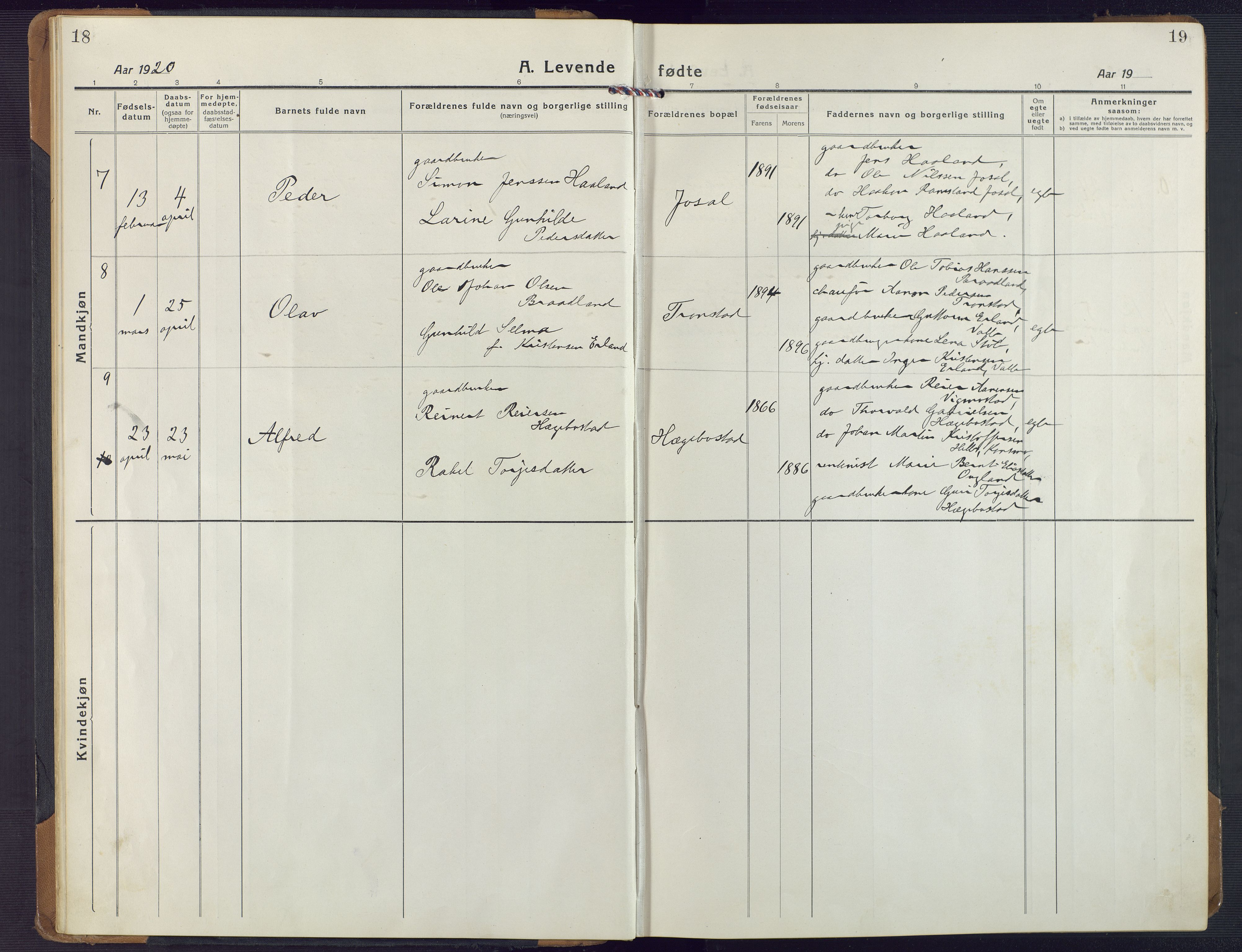 Nord-Audnedal sokneprestkontor, AV/SAK-1111-0032/F/Fa/Fab/L0005: Parish register (official) no. A 5, 1918-1925, p. 18-19