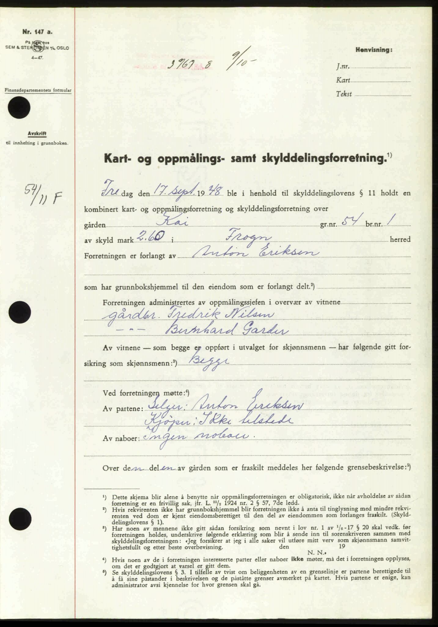 Follo sorenskriveri, SAO/A-10274/G/Ga/Gaa/L0085: Mortgage book no. I 85, 1948-1948, Diary no: : 3767/1948