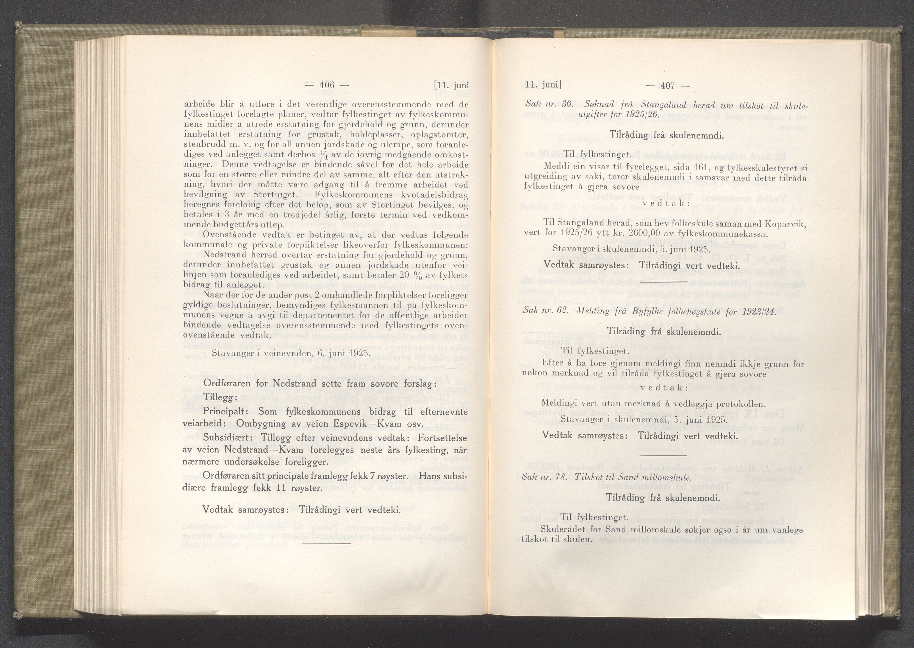 Rogaland fylkeskommune - Fylkesrådmannen , IKAR/A-900/A/Aa/Aaa/L0044: Møtebok , 1925, p. 406-407