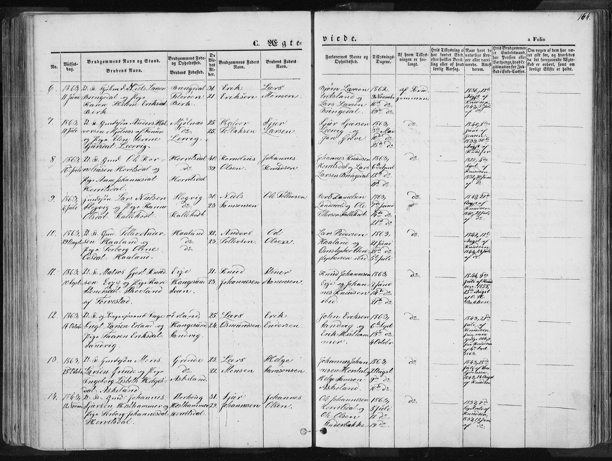 Tysvær sokneprestkontor, SAST/A -101864/H/Ha/Haa/L0003: Parish register (official) no. A 3, 1856-1865, p. 164