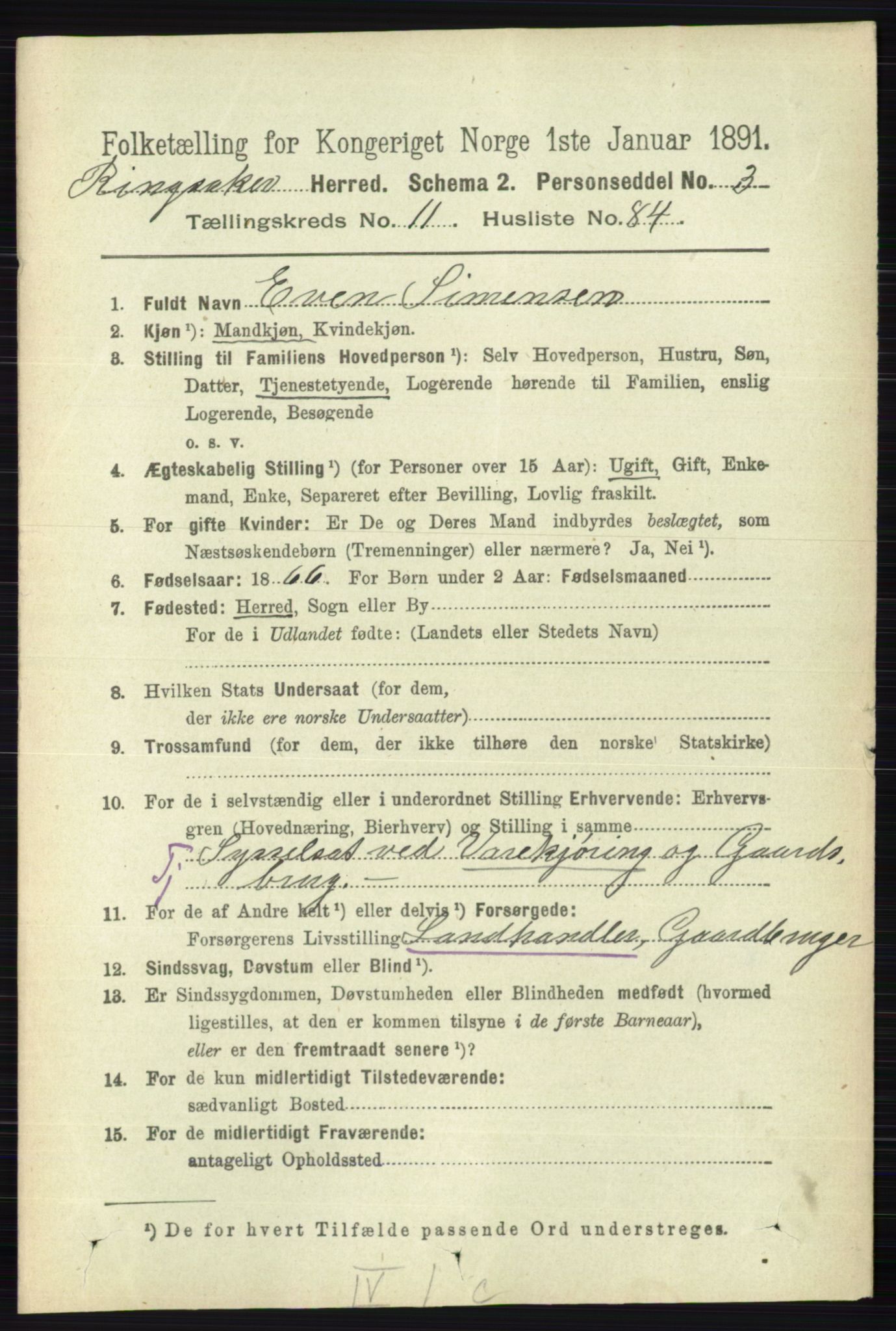 RA, 1891 census for 0412 Ringsaker, 1891, p. 6680