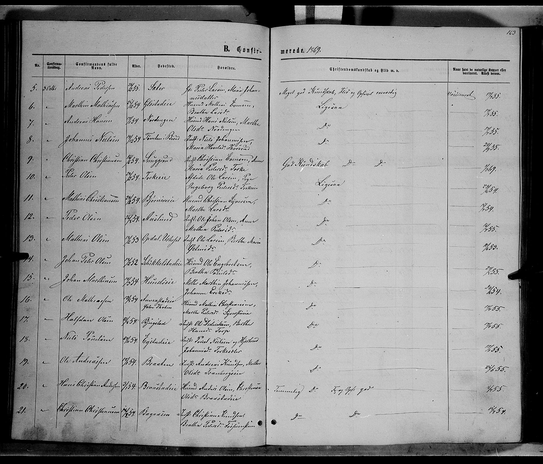 Vardal prestekontor, SAH/PREST-100/H/Ha/Hab/L0006: Parish register (copy) no. 6, 1869-1881, p. 163