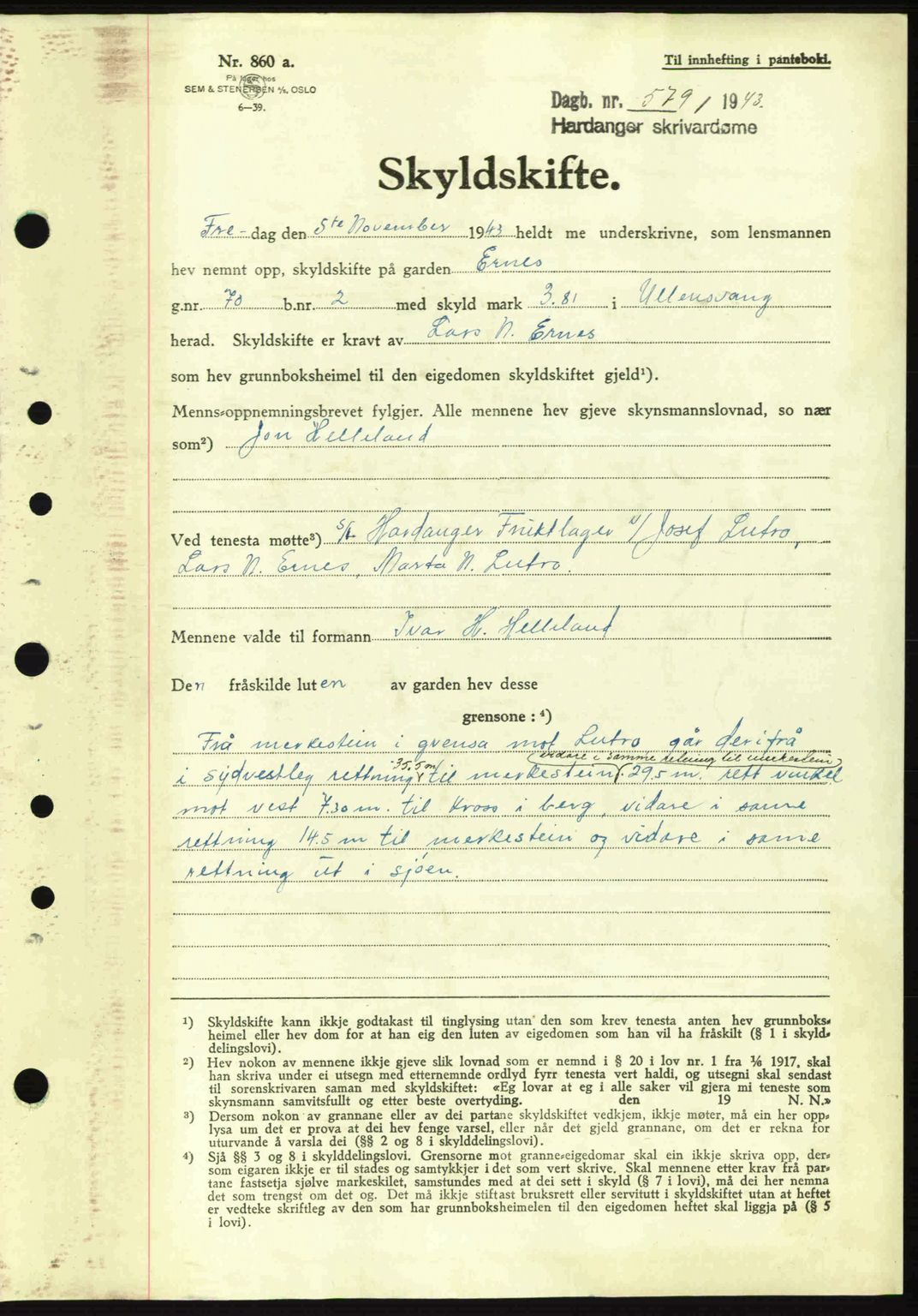 Hardanger sorenskriver, SAB/A-2101/G/Ge/Gec/L0010: Mortgage book no. A10, 1943-1944, Diary no: : 579/1943