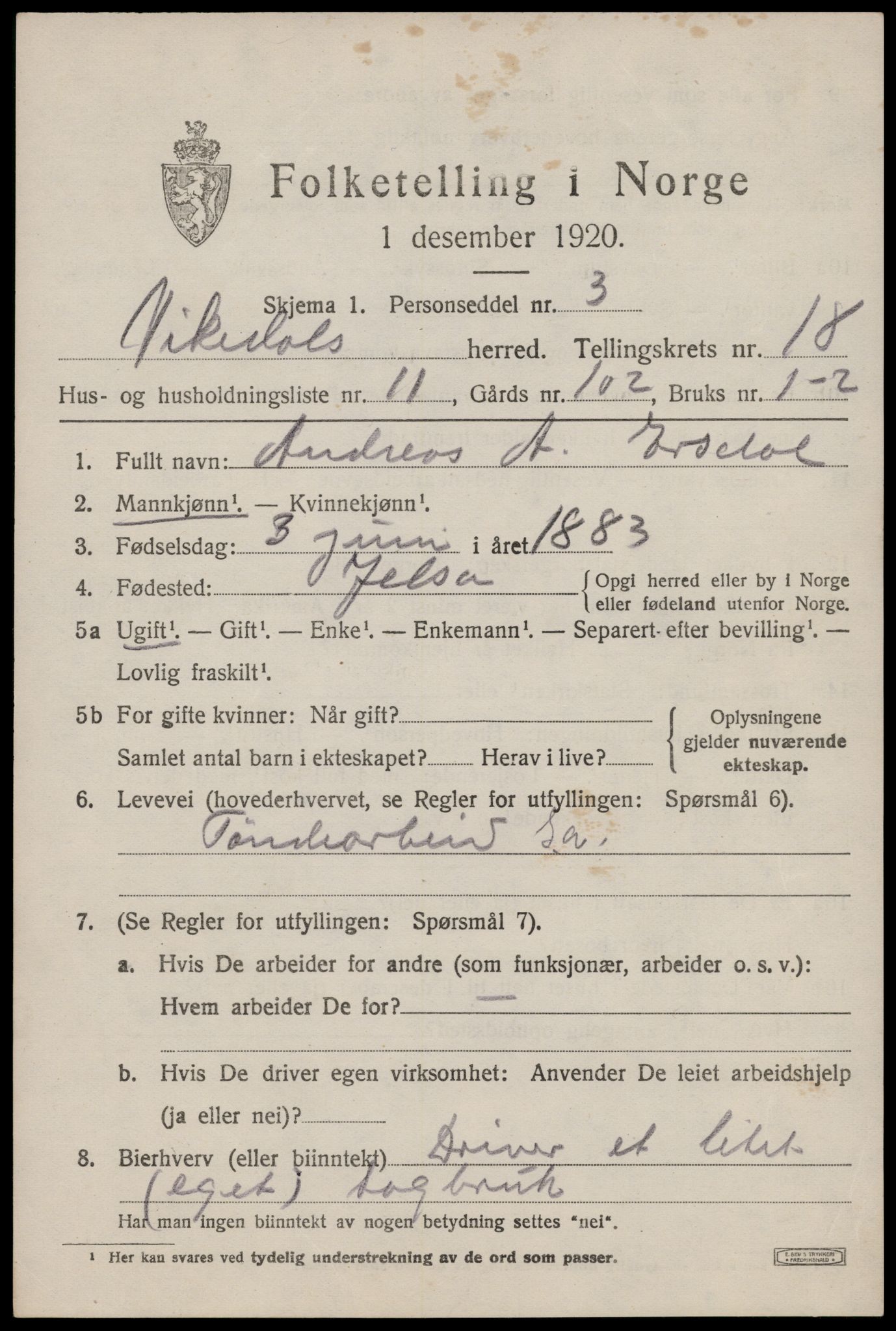 SAST, 1920 census for Vikedal, 1920, p. 5295