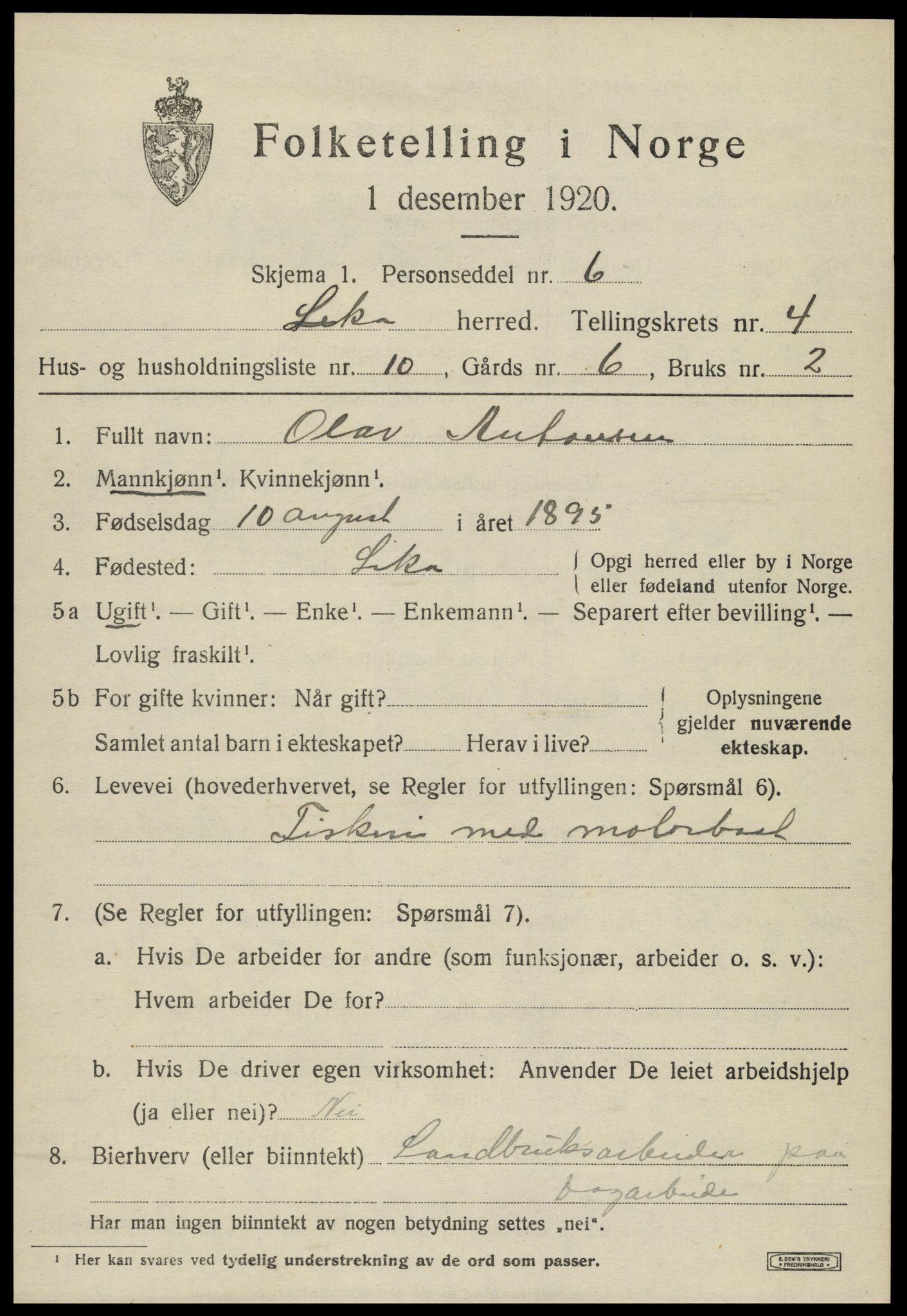 SAT, 1920 census for Leka, 1920, p. 1723