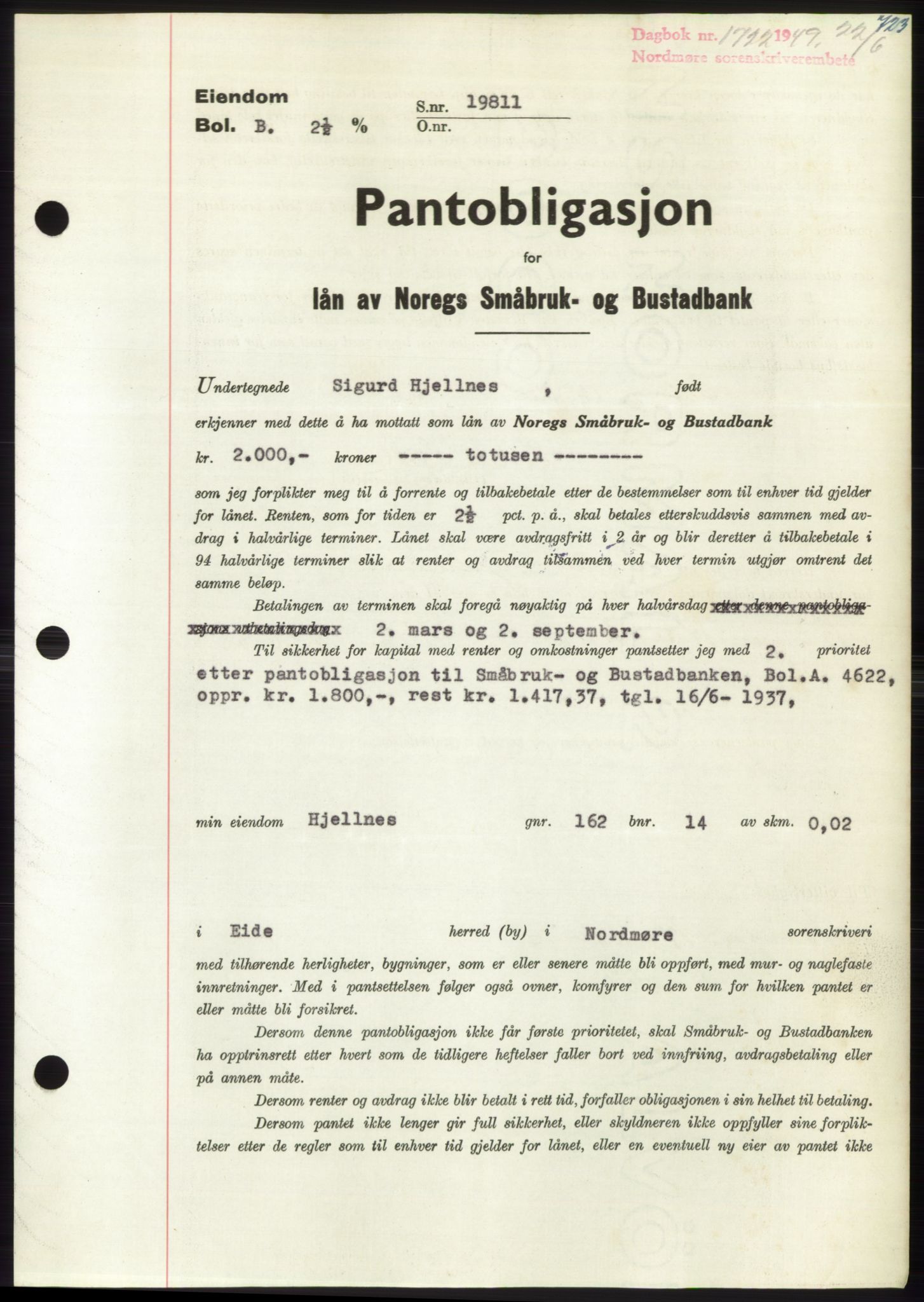 Nordmøre sorenskriveri, AV/SAT-A-4132/1/2/2Ca: Mortgage book no. B101, 1949-1949, Diary no: : 1722/1949