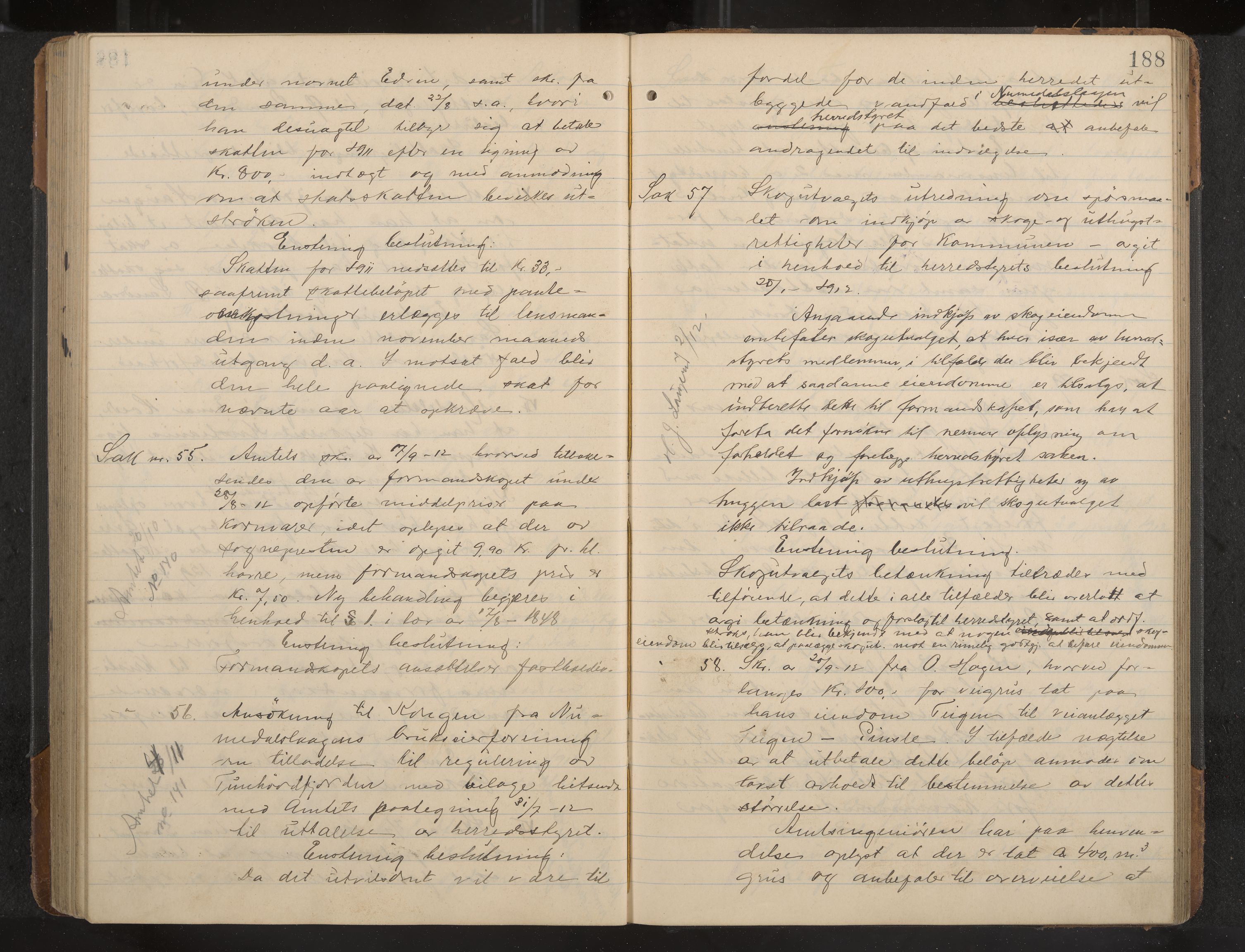 Øvre Sandsvær formannskap og sentraladministrasjon, IKAK/0630021/A/L0001: Møtebok med register, 1908-1913, p. 188