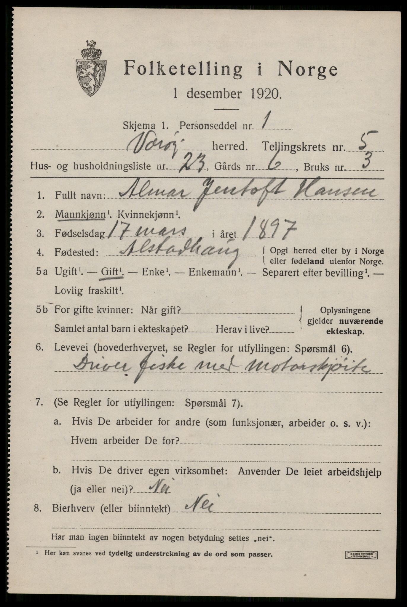 SAT, 1920 census for Værøy, 1920, p. 3363