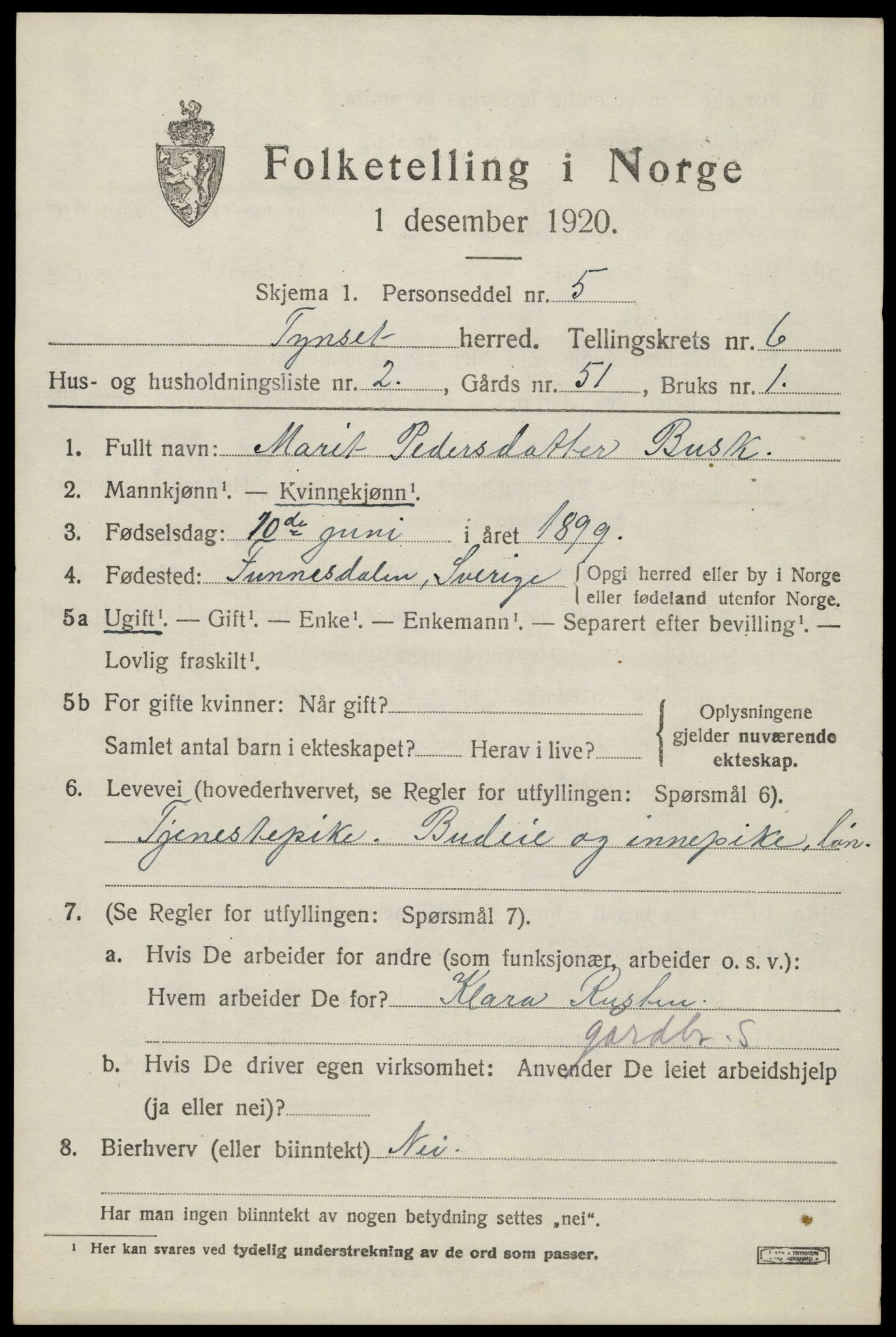 SAH, 1920 census for Tynset, 1920, p. 5532