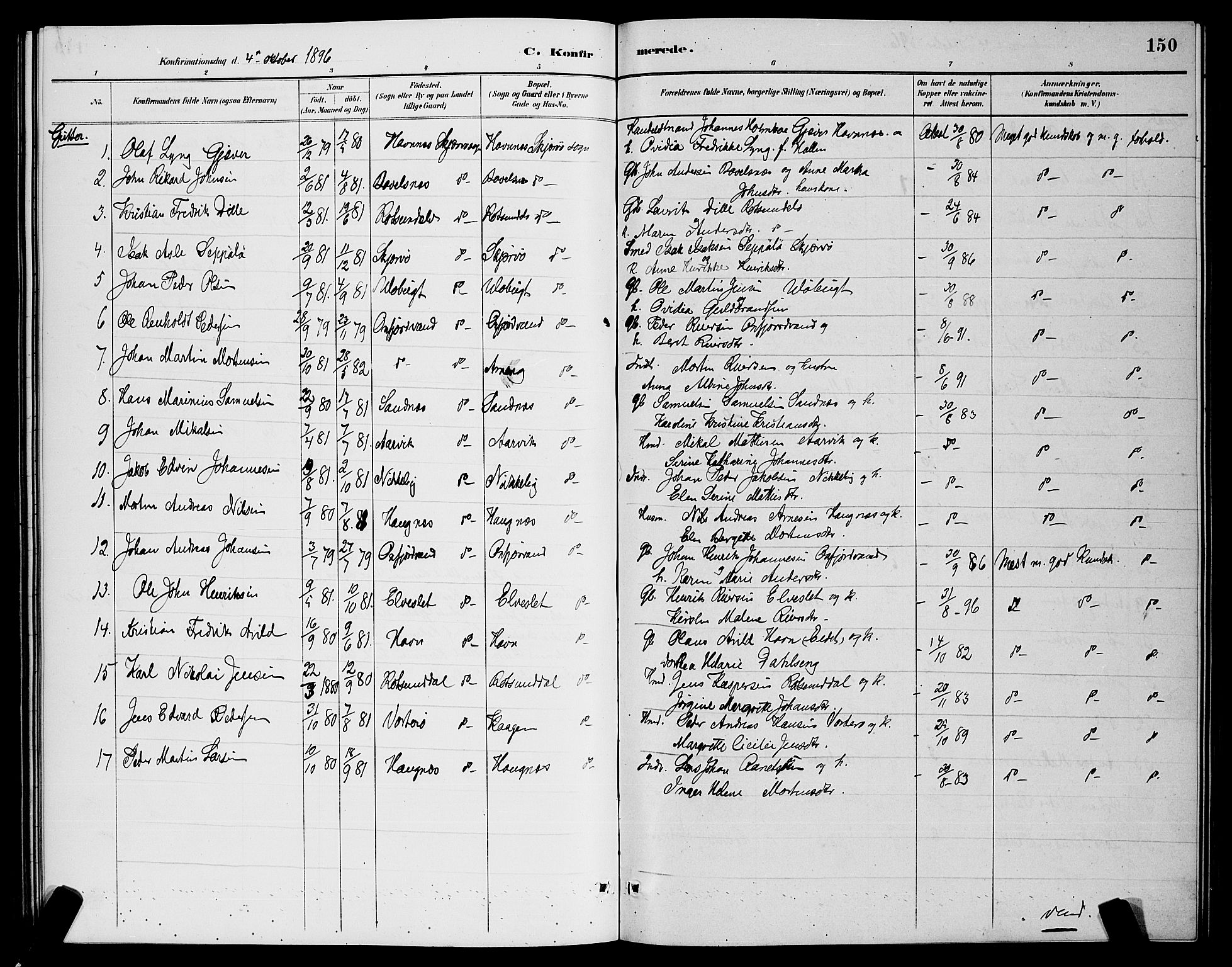 Skjervøy sokneprestkontor, AV/SATØ-S-1300/H/Ha/Hab/L0007klokker: Parish register (copy) no. 7, 1889-1899, p. 150