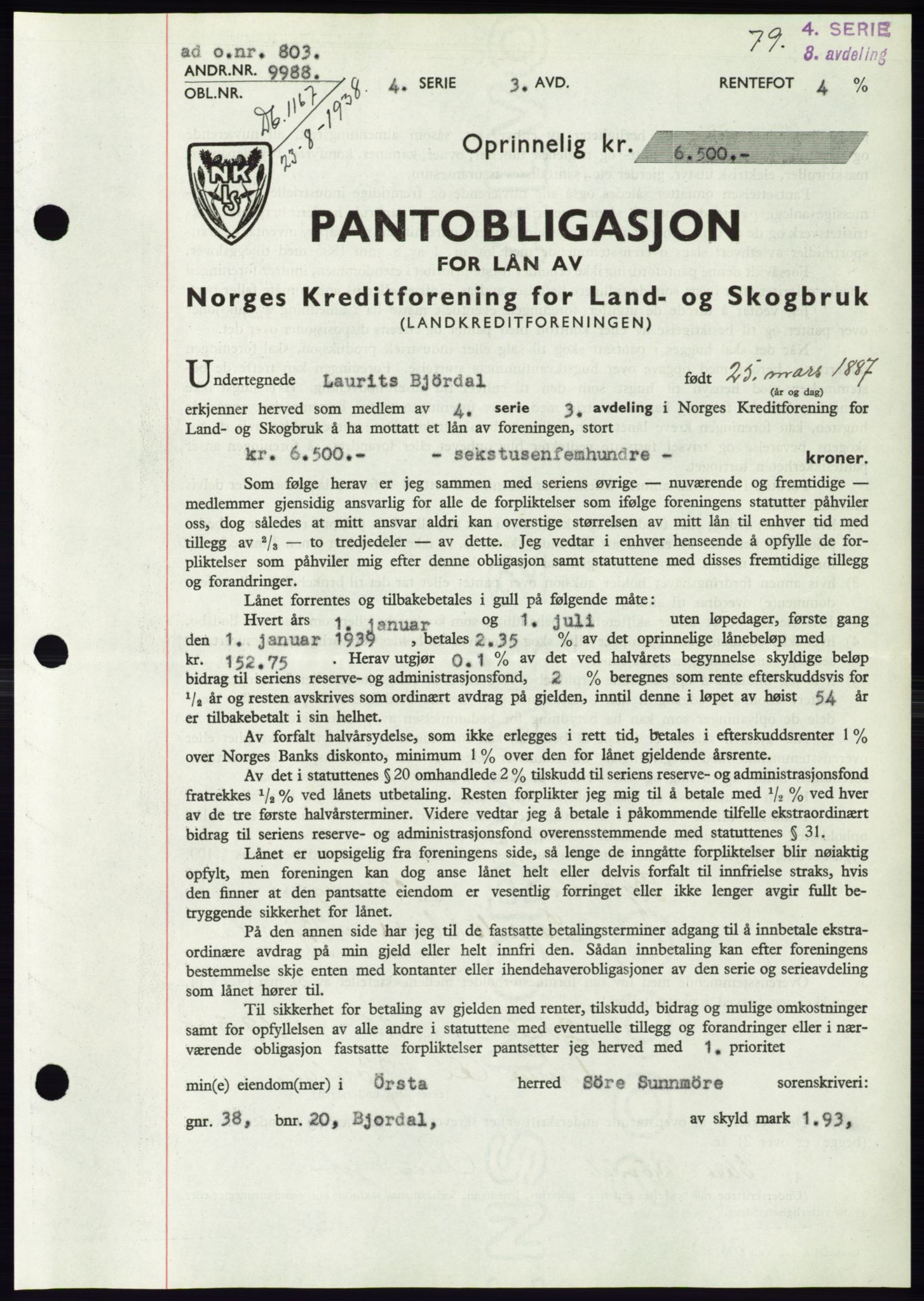 Søre Sunnmøre sorenskriveri, AV/SAT-A-4122/1/2/2C/L0066: Mortgage book no. 60, 1938-1938, Diary no: : 1167/1938