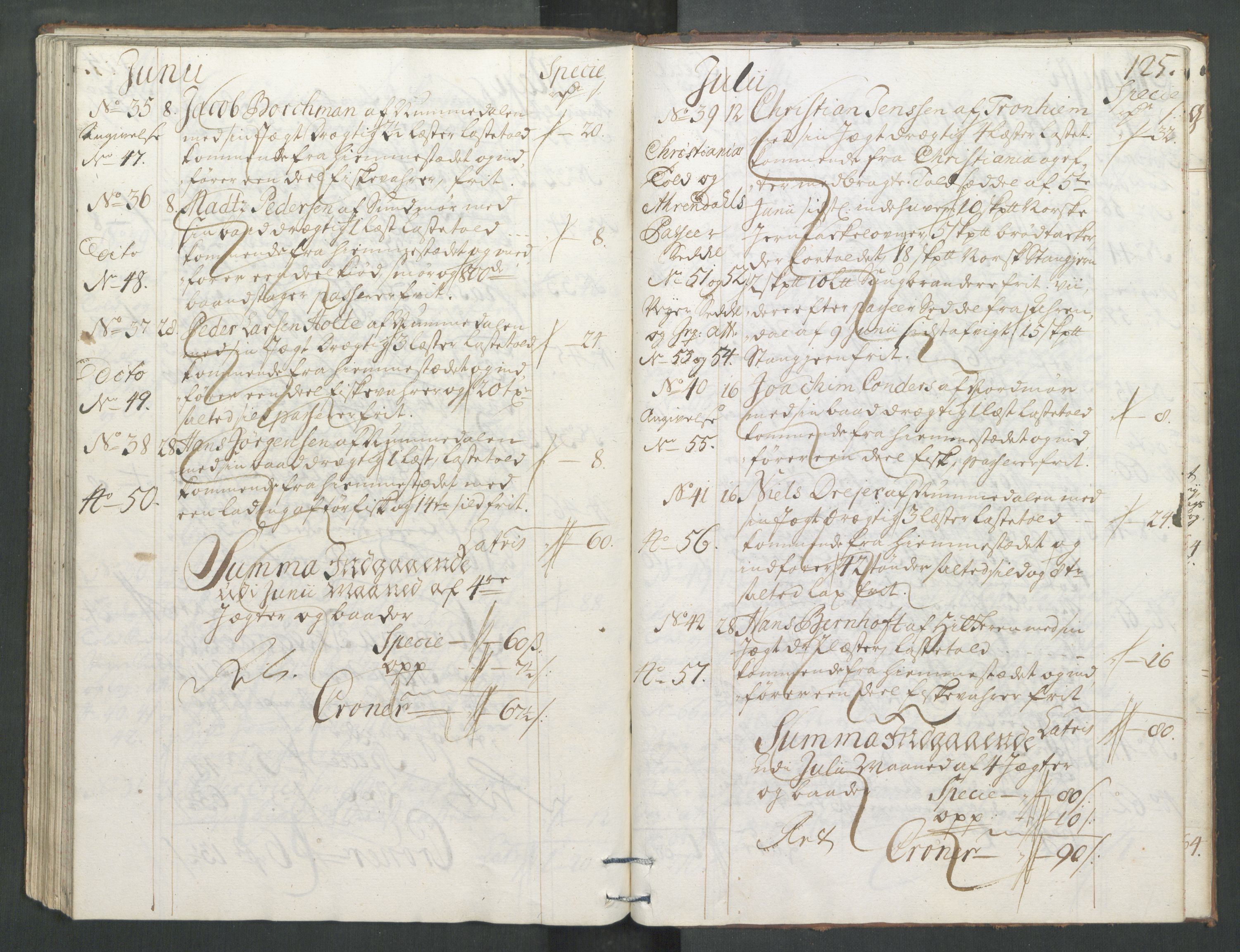 Generaltollkammeret, tollregnskaper, RA/EA-5490/R33/L0013/0001: Tollregnskaper Trondheim A / Inngående tollbok, 1731, p. 124b-125a