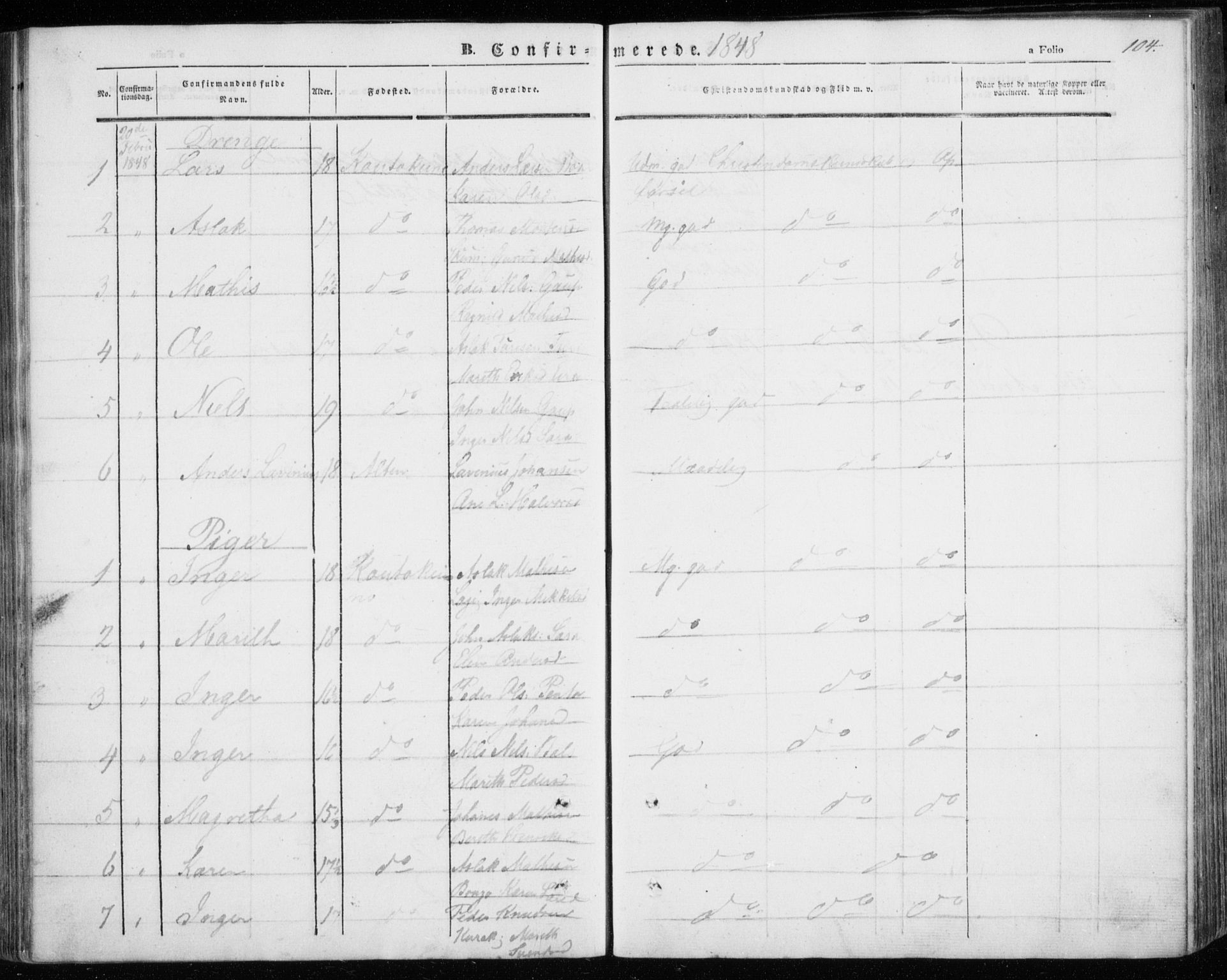 Kautokeino sokneprestembete, SATØ/S-1340/H/Ha/L0002.kirke: Parish register (official) no. 2, 1843-1861, p. 104