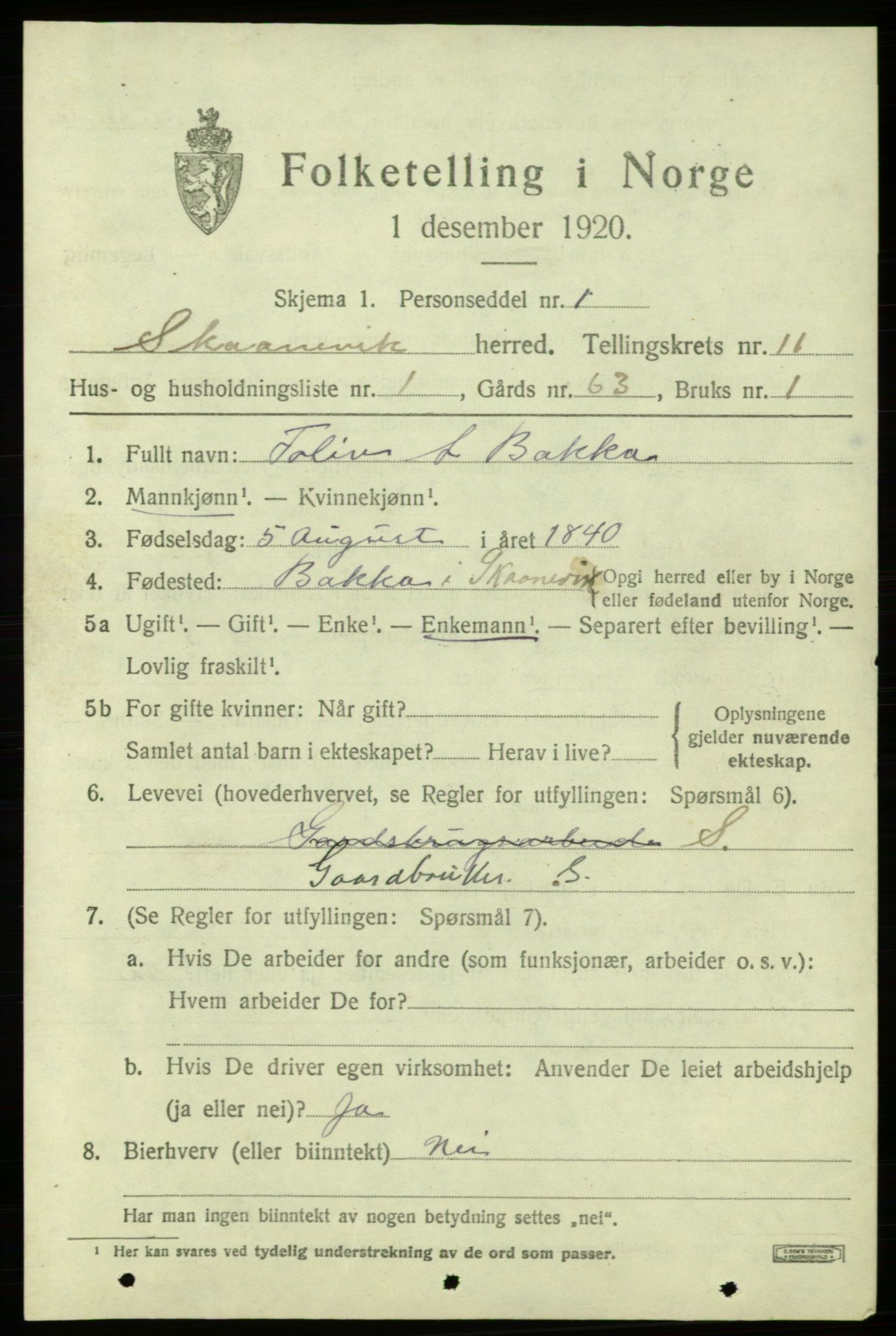 SAB, 1920 census for Skånevik, 1920, p. 5173