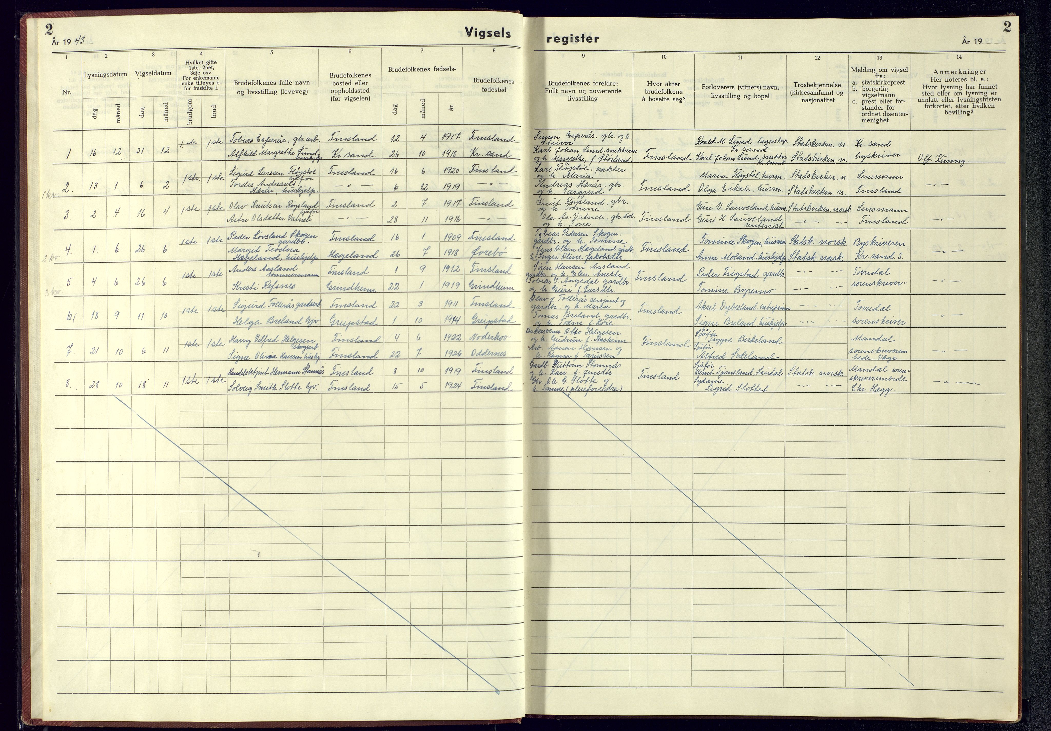 Bjelland sokneprestkontor, AV/SAK-1111-0005/J/Jb/L0009: Marriage register no. II.6.9, 1942-1956, p. 2