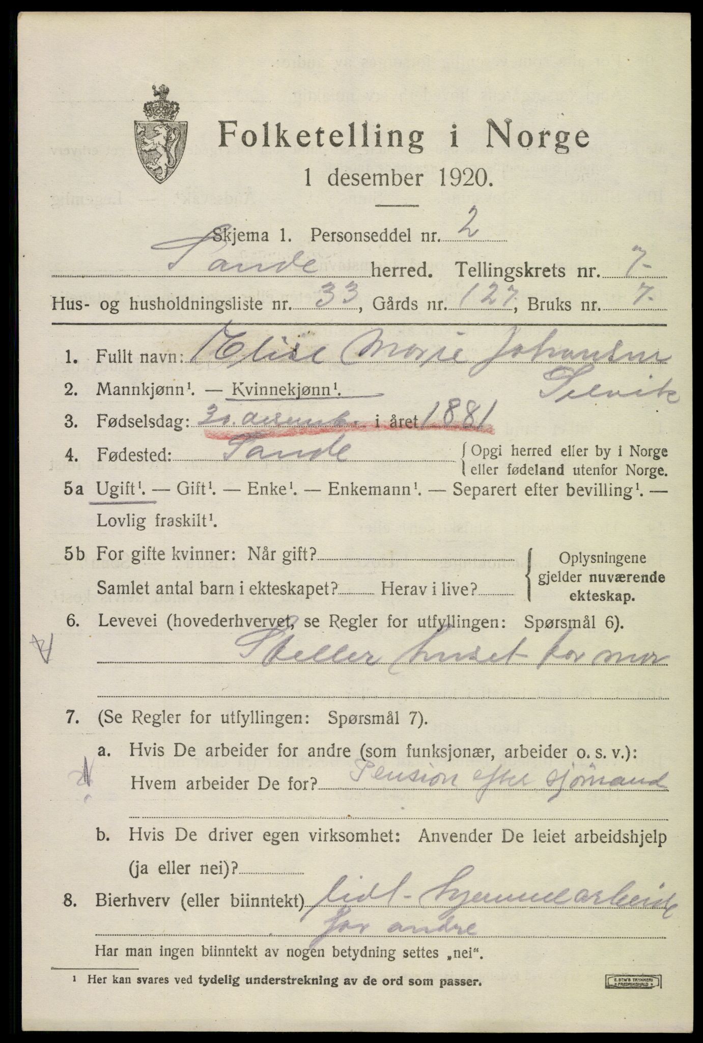 SAKO, 1920 census for Sande, 1920, p. 8384