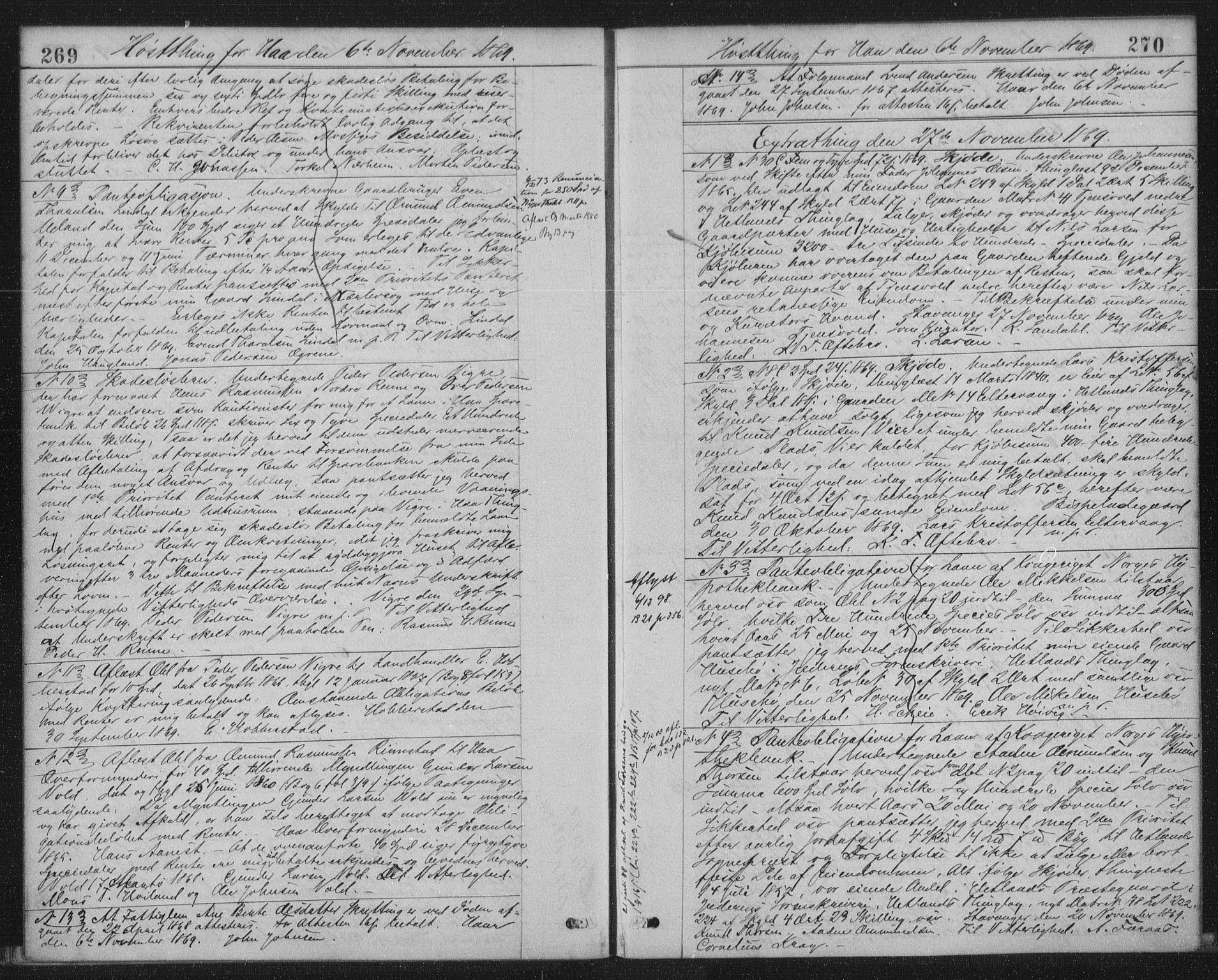 Jæren sorenskriveri, SAST/A-100310/01/4/41/41BF/L0001: Mortgage book no. 9, 1869-1871, p. 269-270