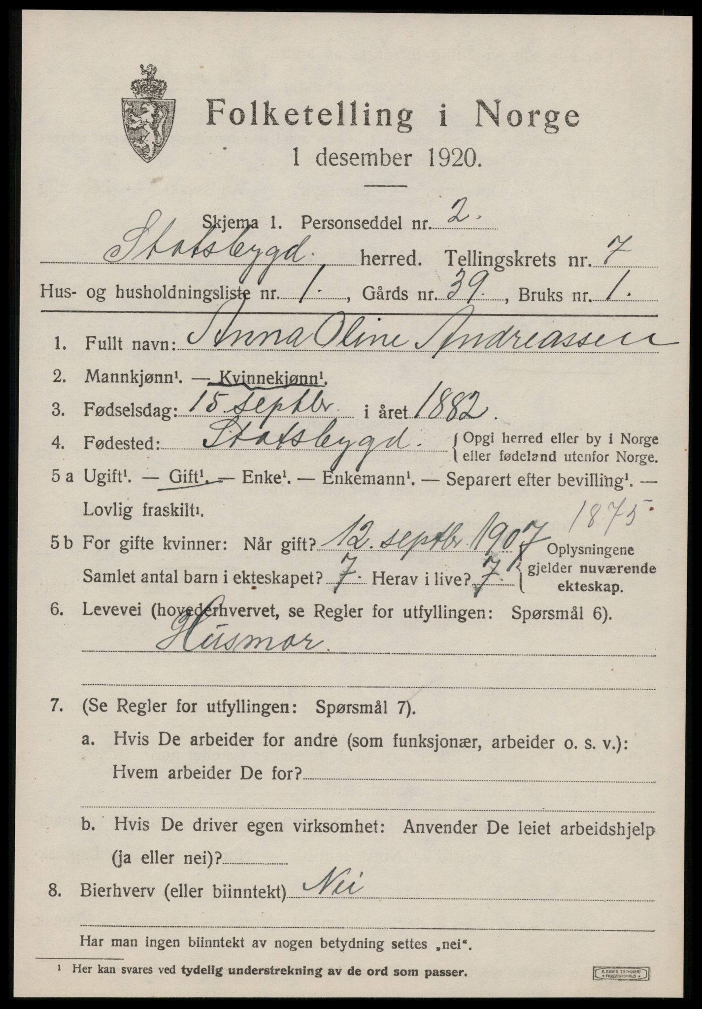 SAT, 1920 census for Stadsbygd, 1920, p. 3472