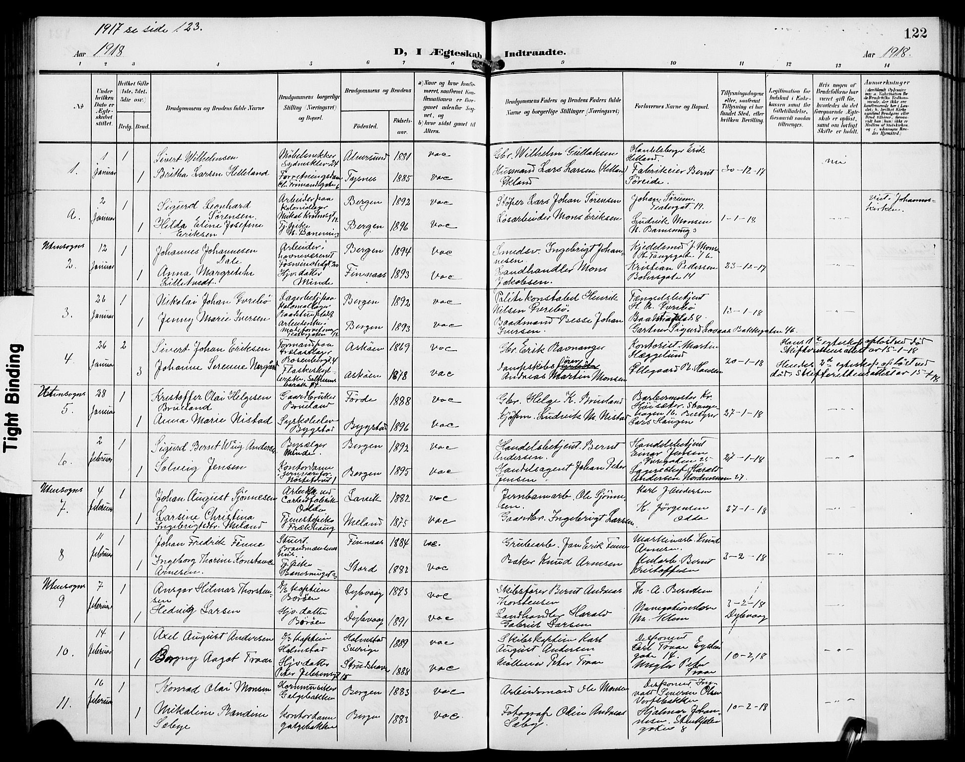 Domkirken sokneprestembete, SAB/A-74801/H/Hab/L0033: Parish register (copy) no. D 5, 1907-1924, p. 122
