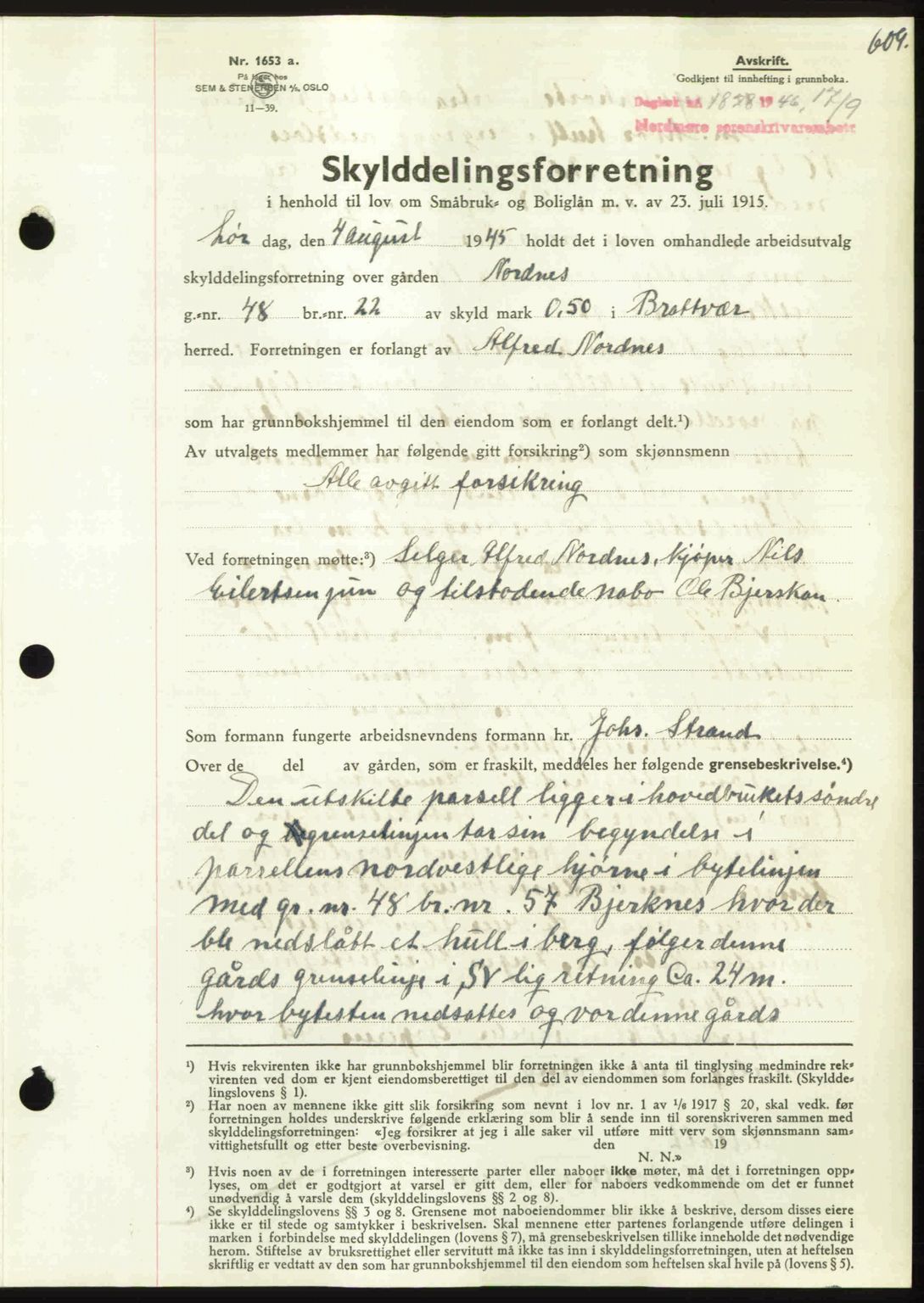 Nordmøre sorenskriveri, AV/SAT-A-4132/1/2/2Ca: Mortgage book no. A102, 1946-1946, Diary no: : 1828/1946