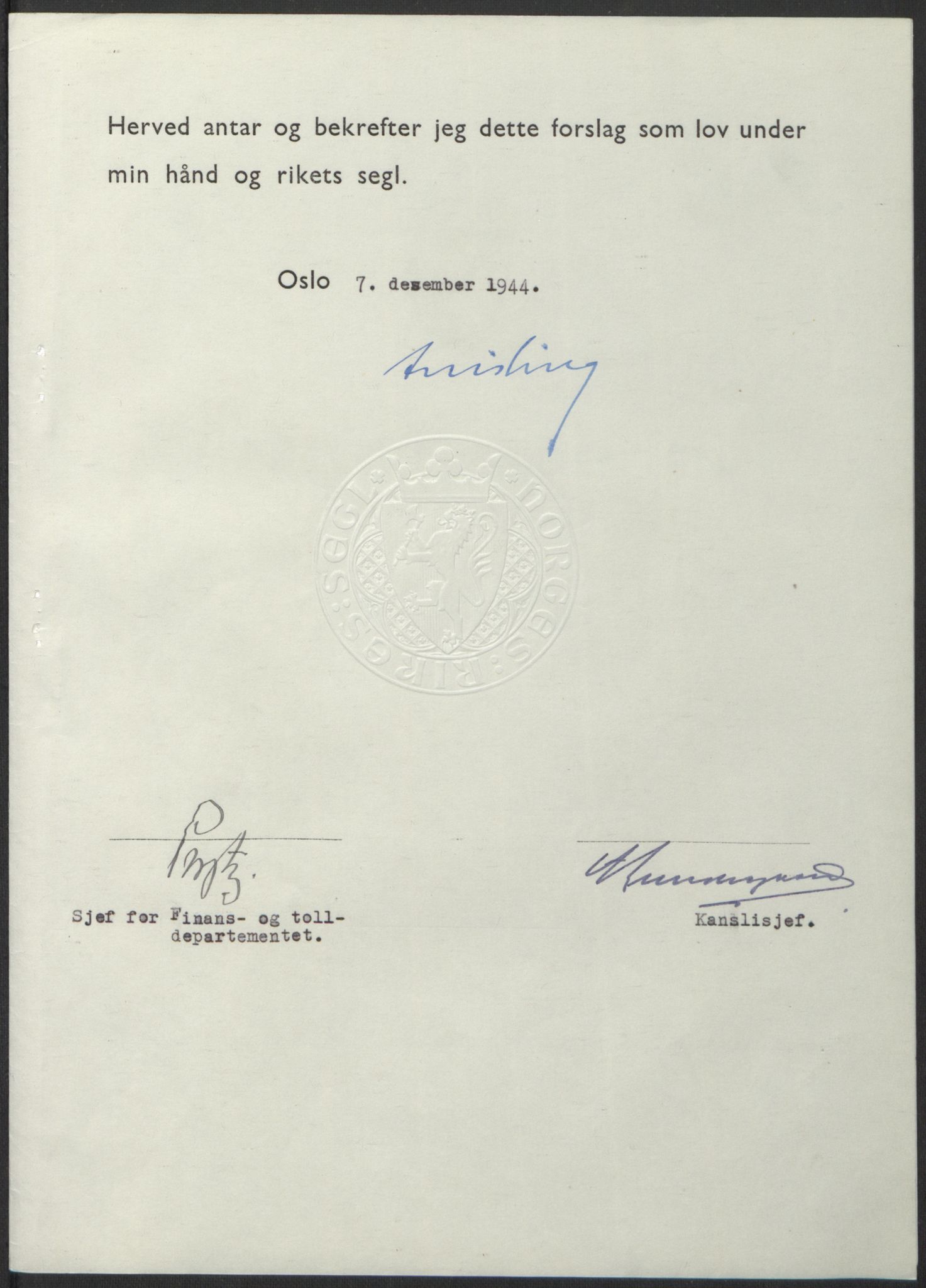 NS-administrasjonen 1940-1945 (Statsrådsekretariatet, de kommisariske statsråder mm), AV/RA-S-4279/D/Db/L0100: Lover, 1944, p. 614