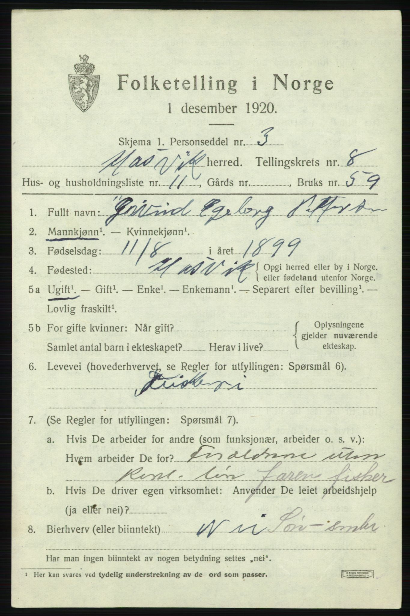 SATØ, 1920 census for Hasvik, 1920, p. 3155