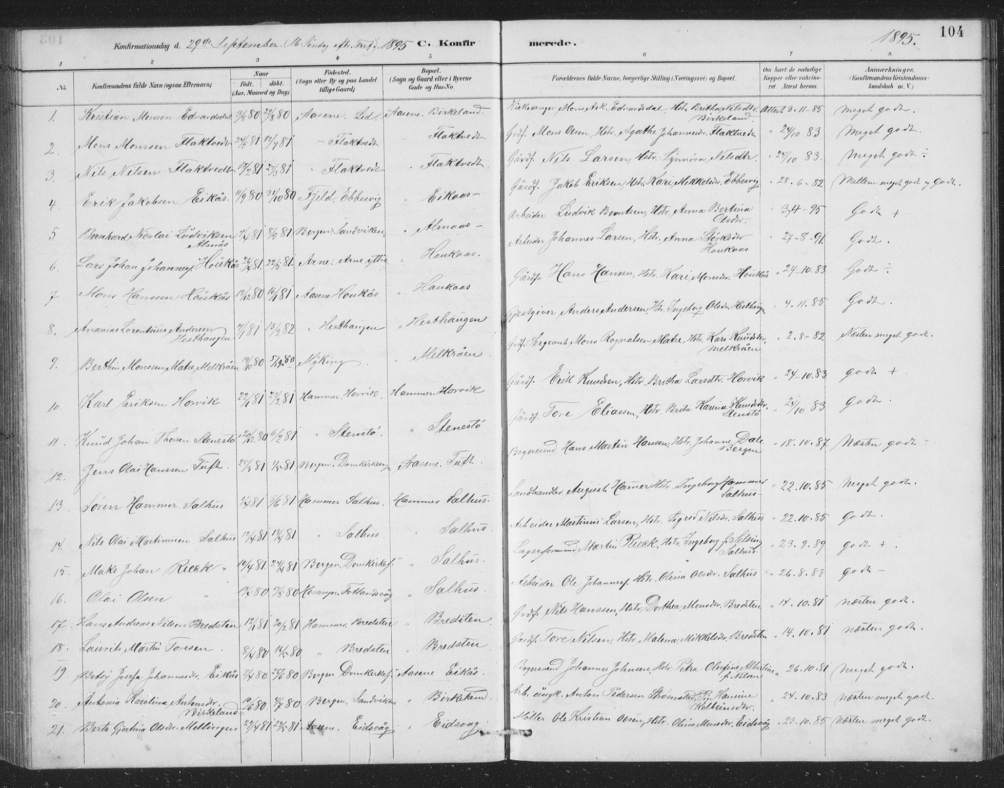 Åsane sokneprestembete, SAB/A-79401/H/Hab: Parish register (copy) no. A 2, 1885-1898, p. 104
