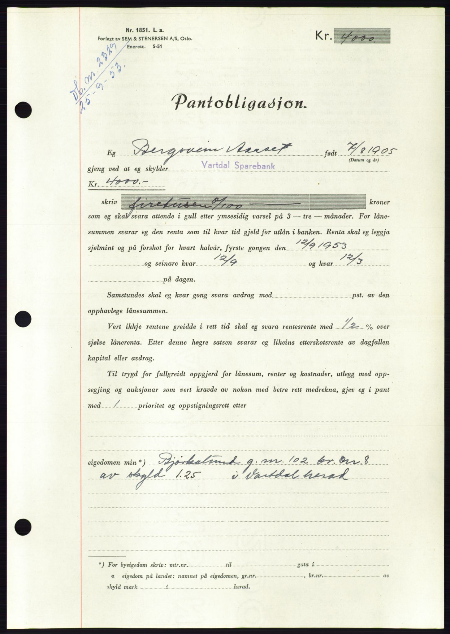 Søre Sunnmøre sorenskriveri, AV/SAT-A-4122/1/2/2C/L0124: Mortgage book no. 12B, 1953-1954, Diary no: : 2329/1953