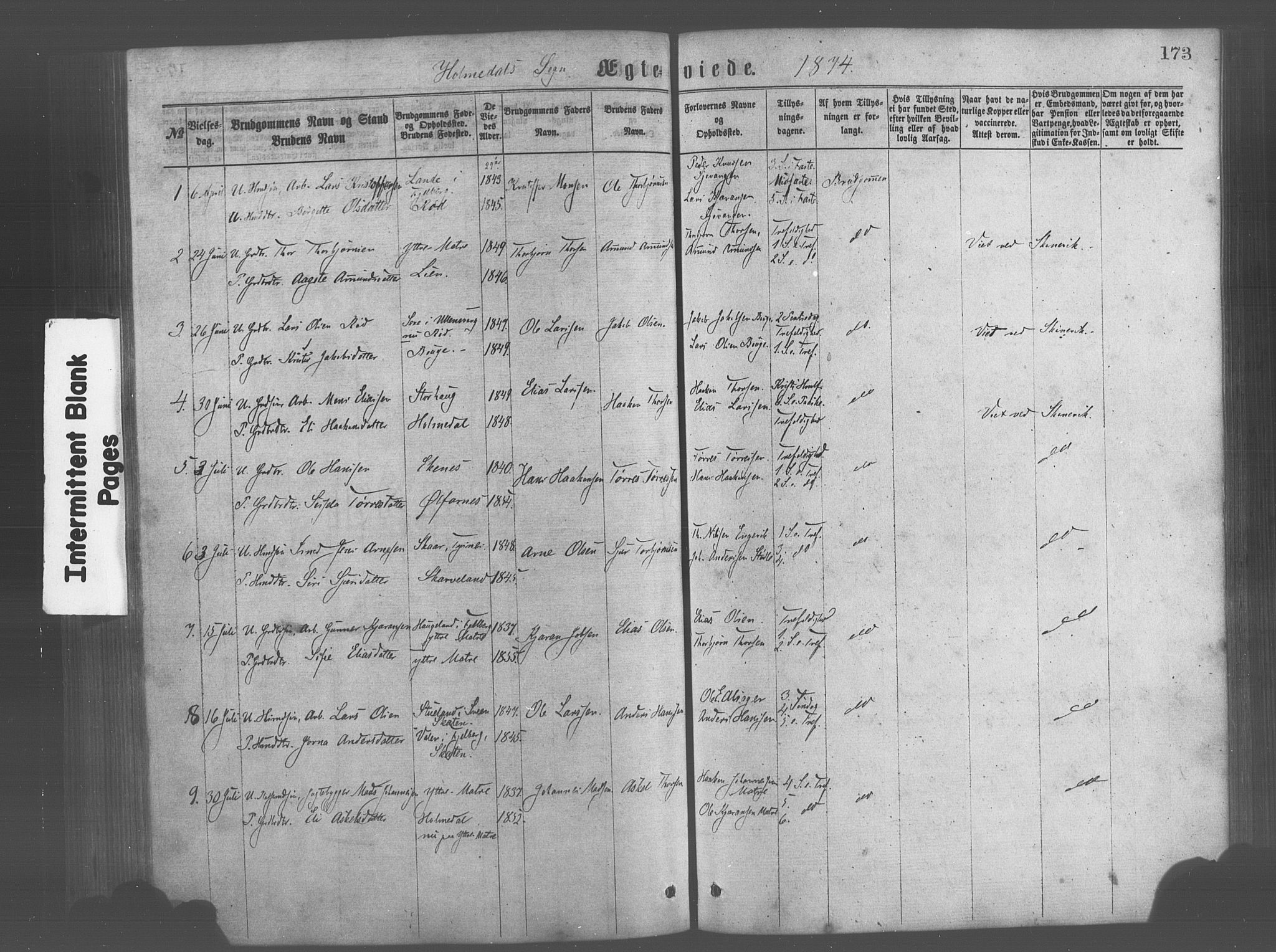 Skånevik sokneprestembete, AV/SAB-A-77801/H/Haa: Parish register (official) no. A 6, 1869-1878, p. 173