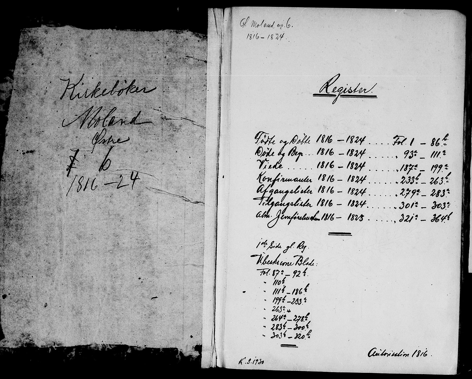 Austre Moland sokneprestkontor, AV/SAK-1111-0001/F/Fa/Faa/L0004: Parish register (official) no. A 4, 1816-1824