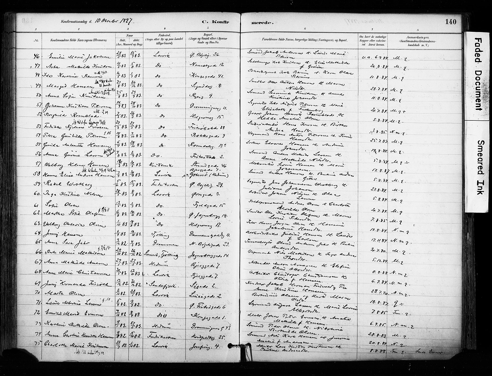 Larvik kirkebøker, SAKO/A-352/F/Fa/L0008: Parish register (official) no. I 8, 1884-1902, p. 140