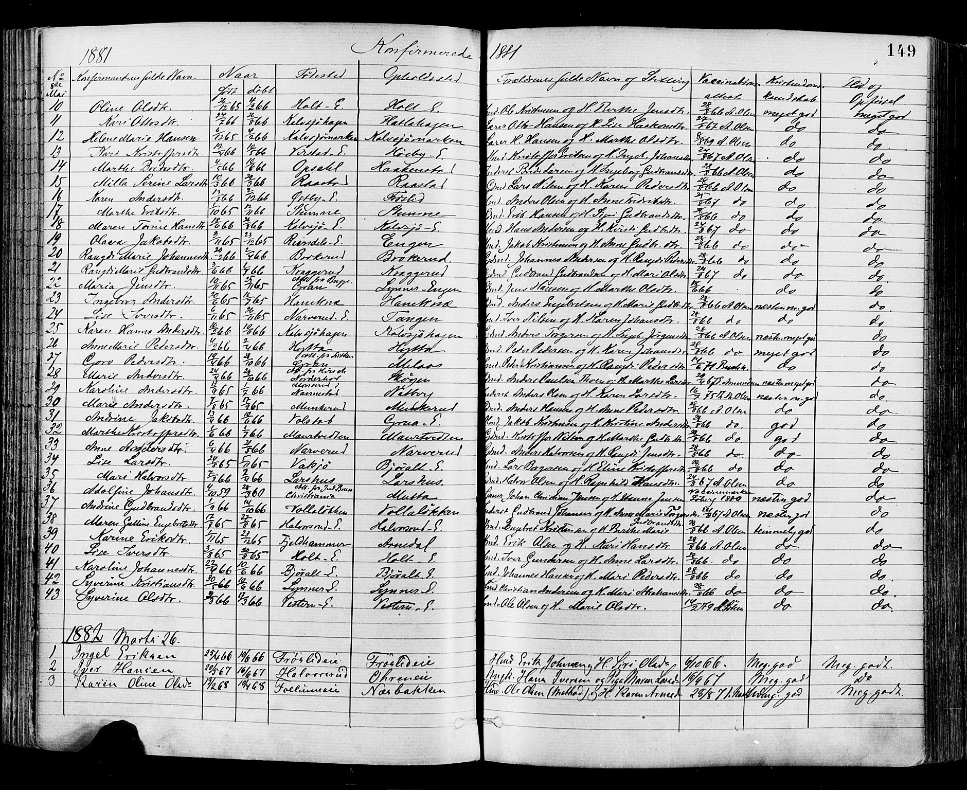 Jevnaker prestekontor, AV/SAH-PREST-116/H/Ha/Haa/L0008: Parish register (official) no. 8, 1877-1890, p. 149