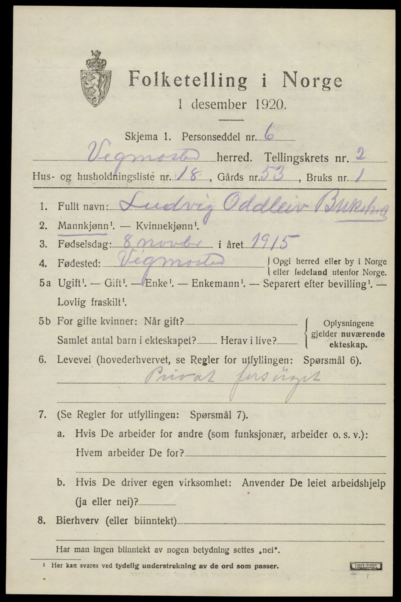 SAK, 1920 census for Vigmostad, 1920, p. 809