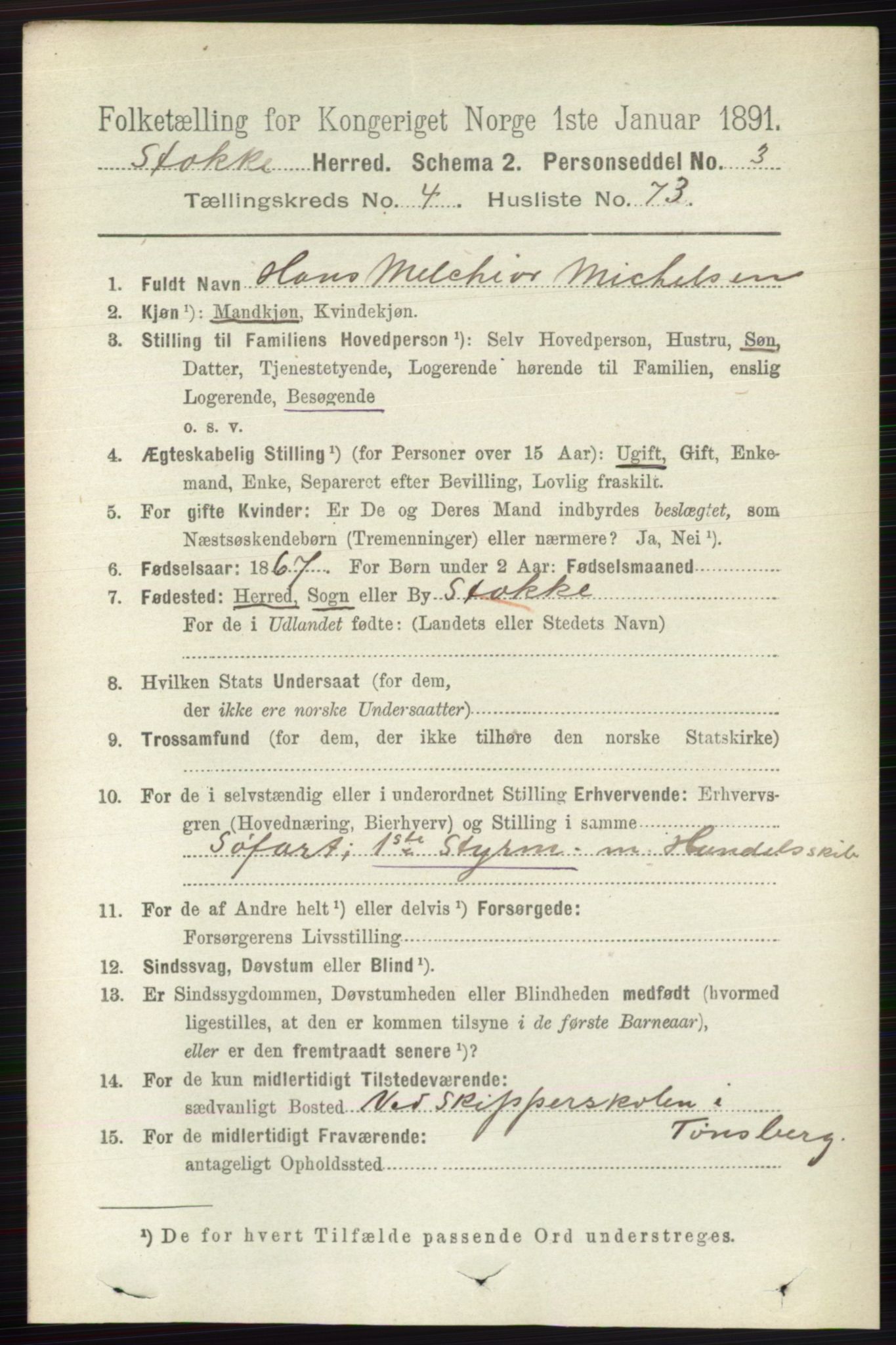 RA, 1891 census for 0720 Stokke, 1891, p. 2844