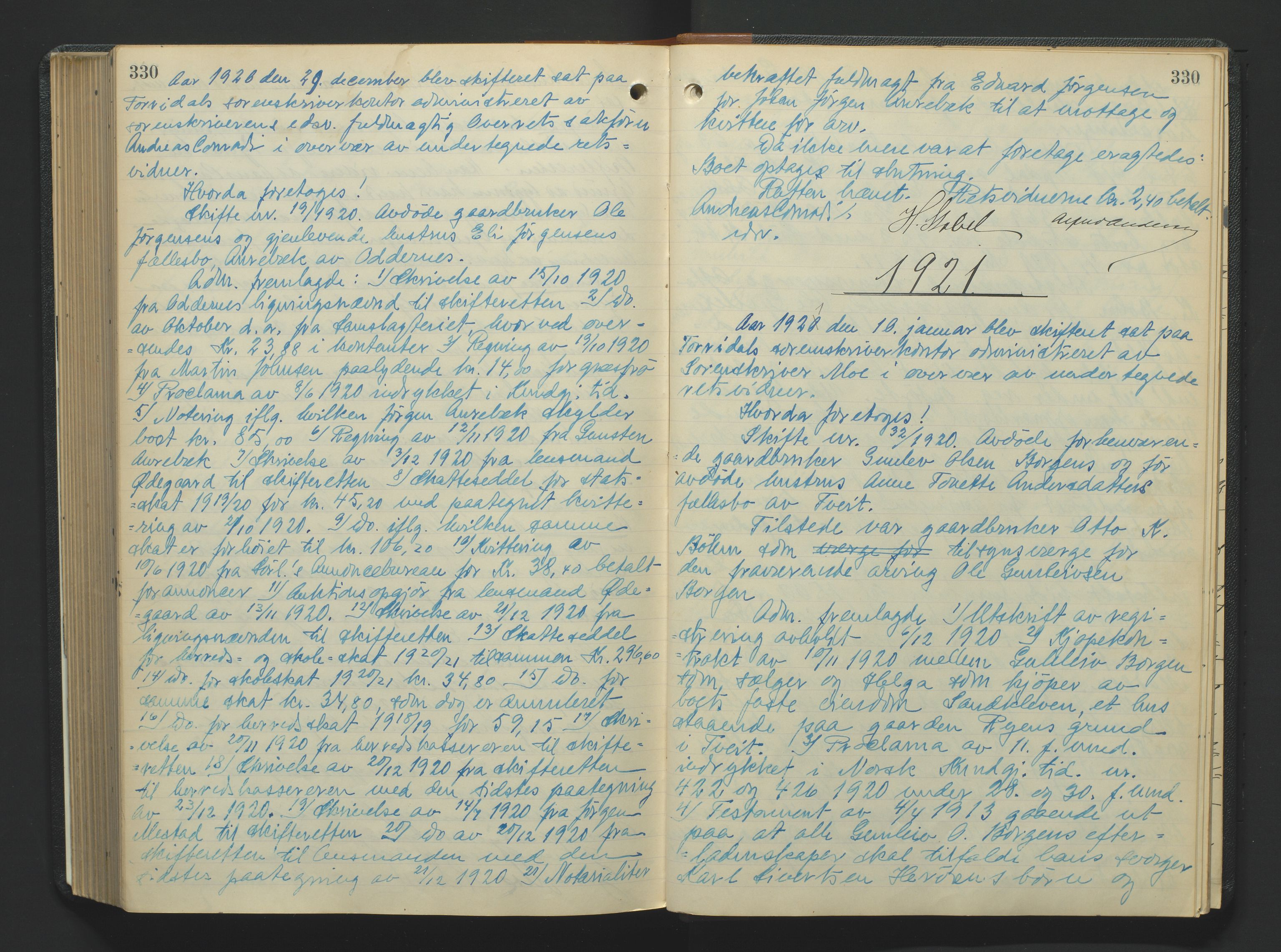 Torridal sorenskriveri, AV/SAK-1221-0012/H/Hc/L0023: Skifteforhandlingsprotokoll med navneregister nr. 9, 1915-1921, p. 330