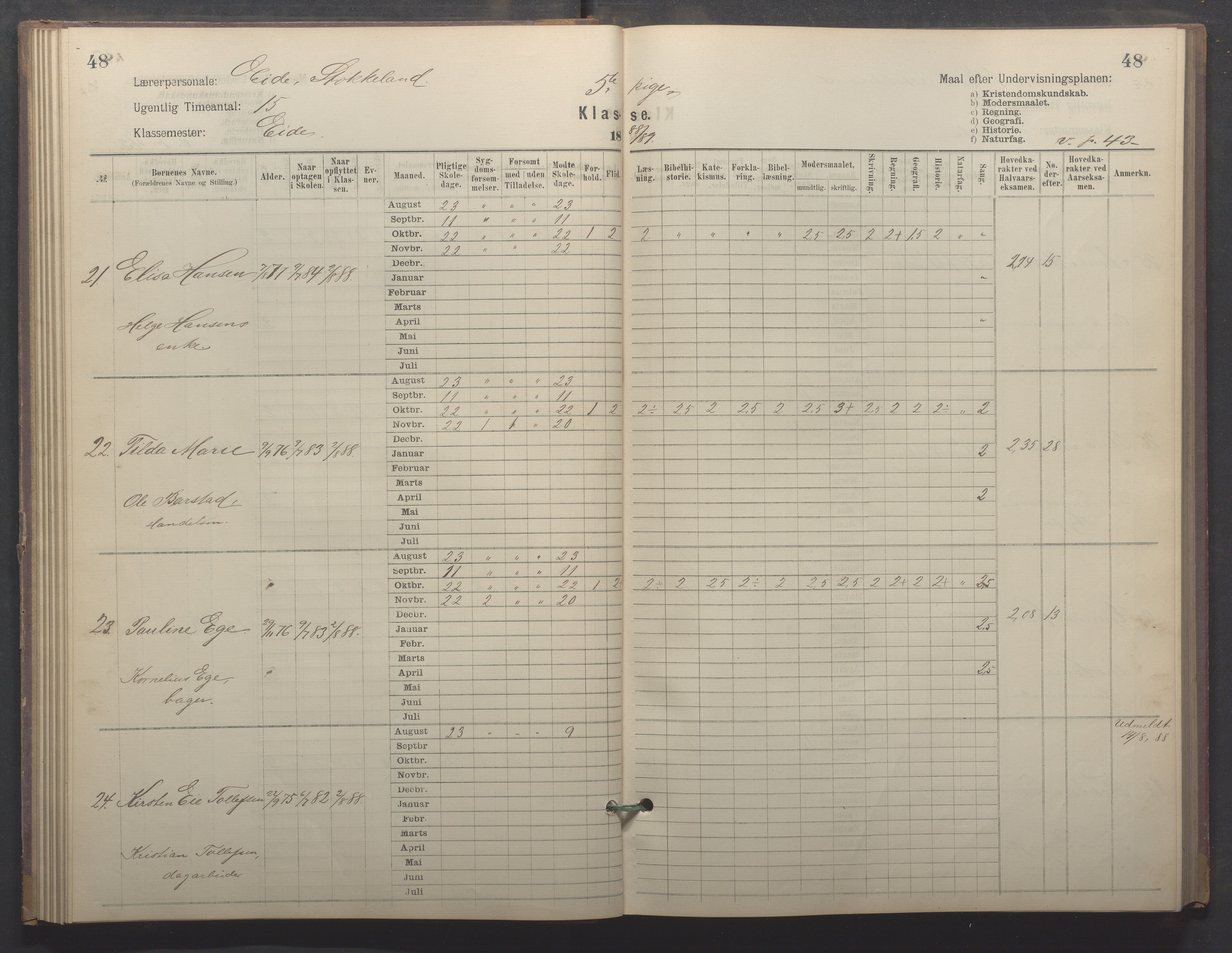 Egersund kommune (Ladested) - Egersund almueskole/folkeskole, IKAR/K-100521/H/L0022: Skoleprotokoll - Almueskolen, 5. klasse, 1886-1892, p. 48