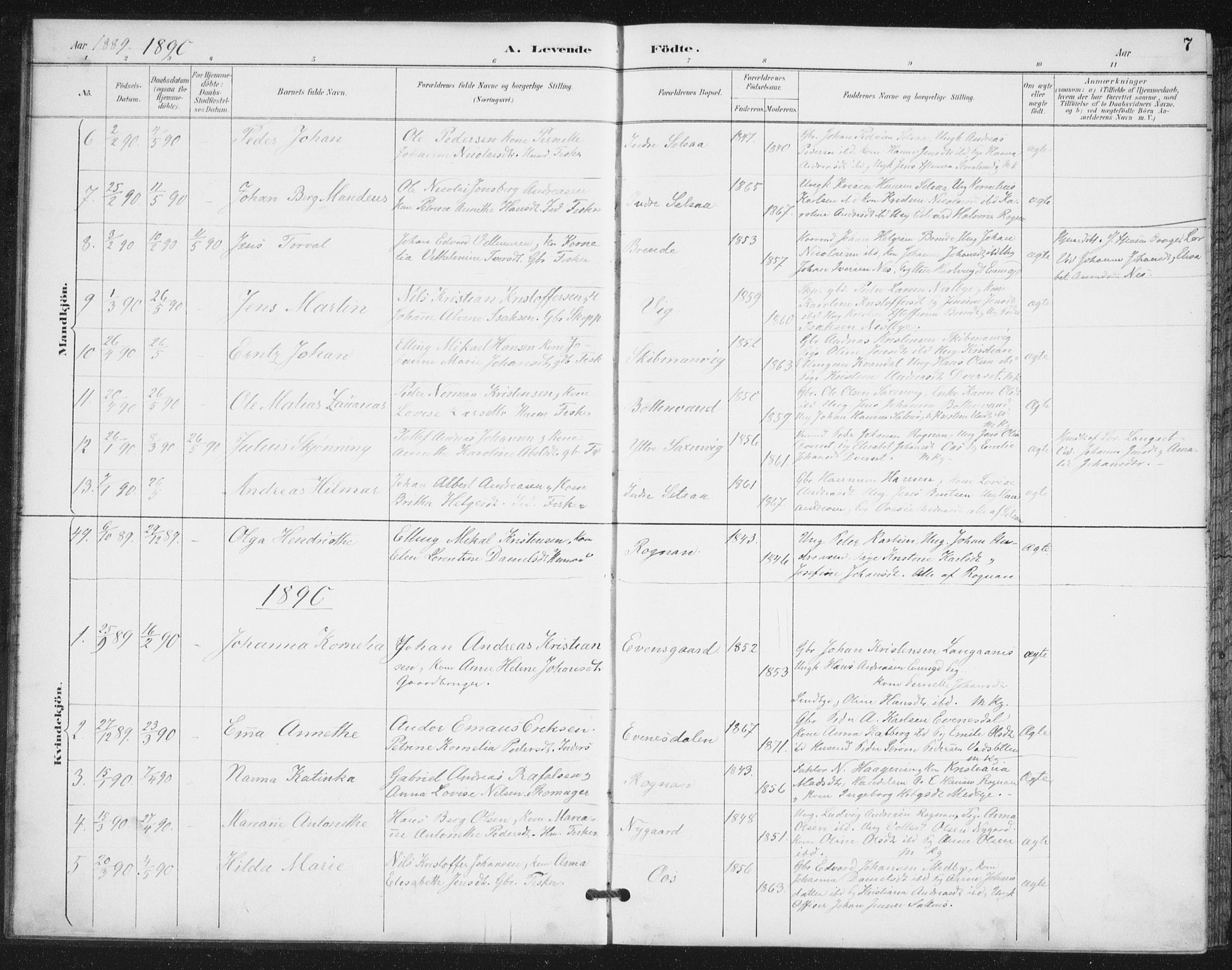 Ministerialprotokoller, klokkerbøker og fødselsregistre - Nordland, SAT/A-1459/847/L0682: Parish register (copy) no. 847C10, 1889-1907, p. 7