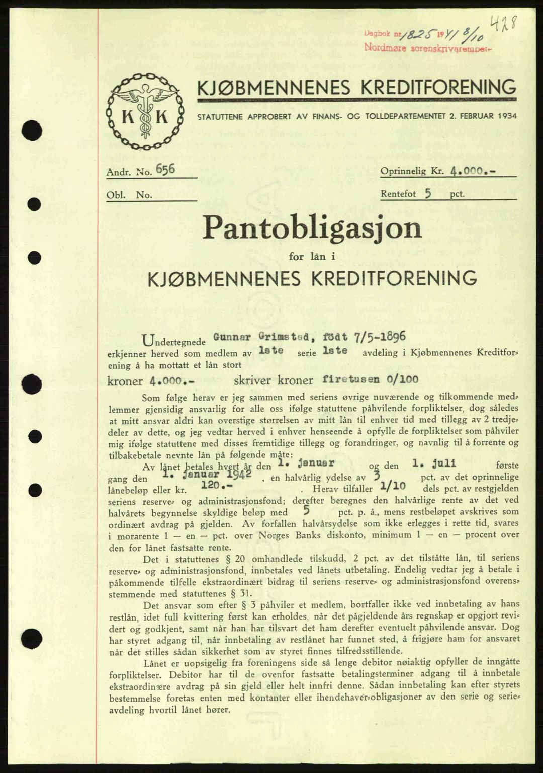 Nordmøre sorenskriveri, SAT/A-4132/1/2/2Ca: Mortgage book no. B88, 1941-1942, Diary no: : 1825/1941