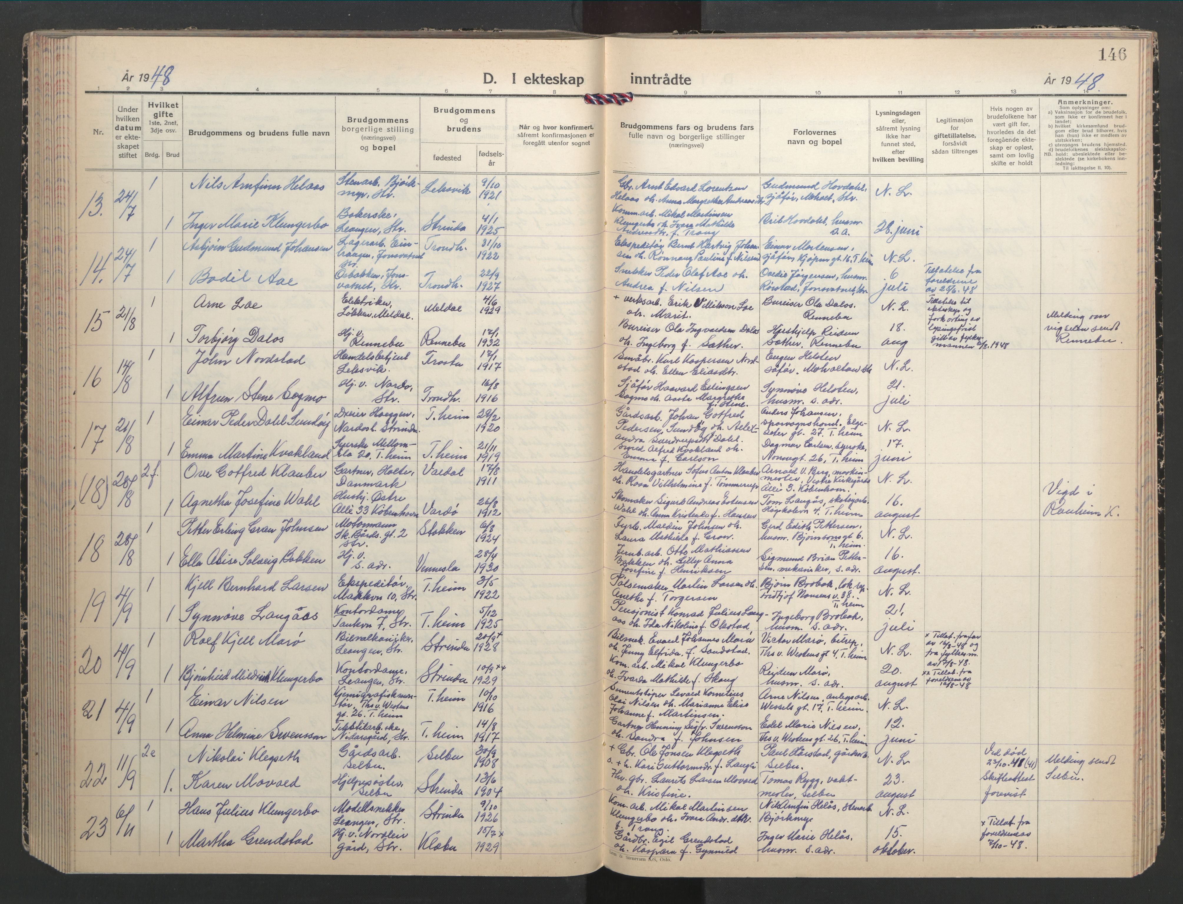 Ministerialprotokoller, klokkerbøker og fødselsregistre - Sør-Trøndelag, AV/SAT-A-1456/607/L0328: Parish register (copy) no. 607C02, 1940-1948, p. 146