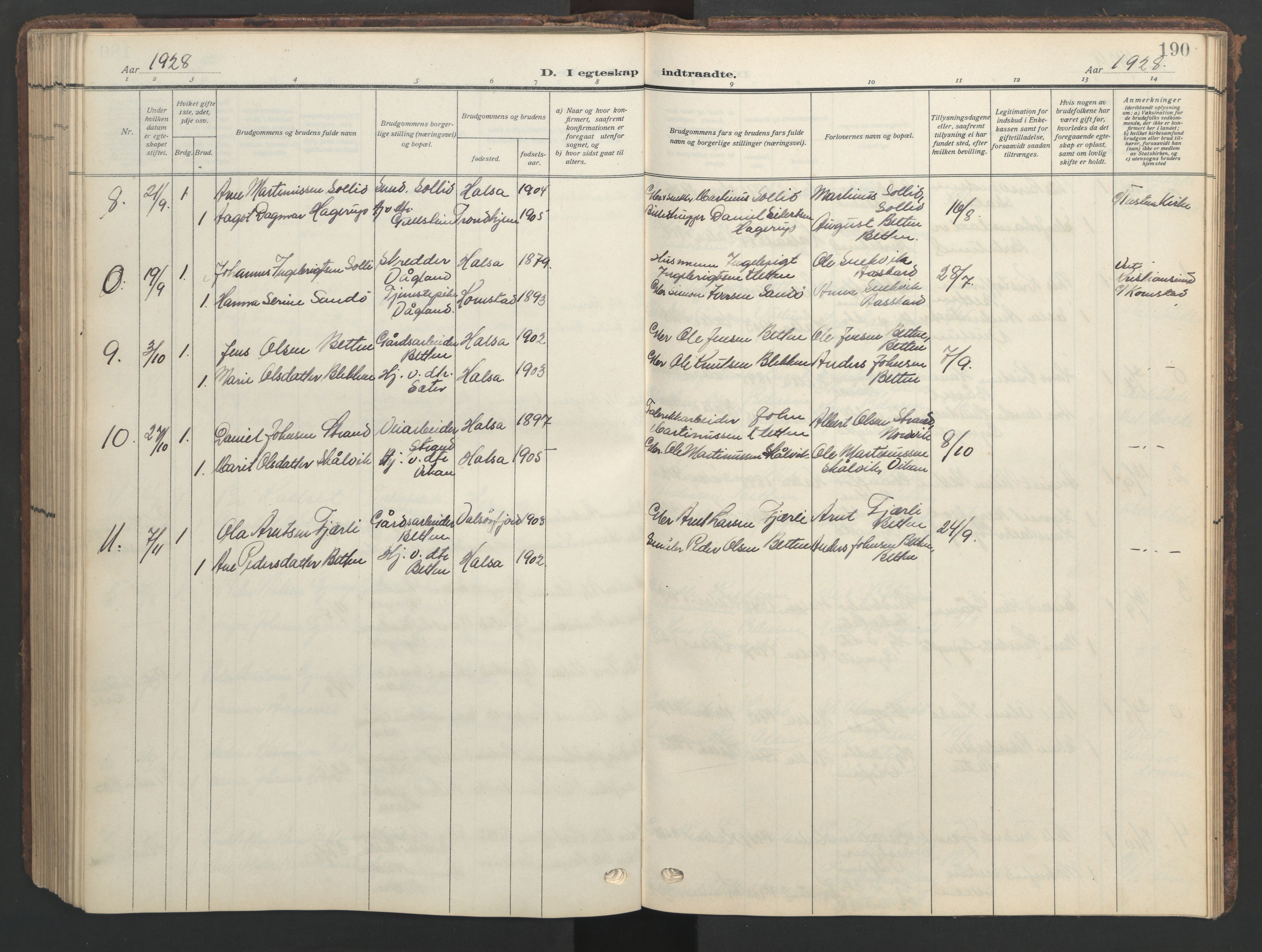 Ministerialprotokoller, klokkerbøker og fødselsregistre - Møre og Romsdal, AV/SAT-A-1454/576/L0891: Parish register (copy) no. 576C02, 1909-1946, p. 190