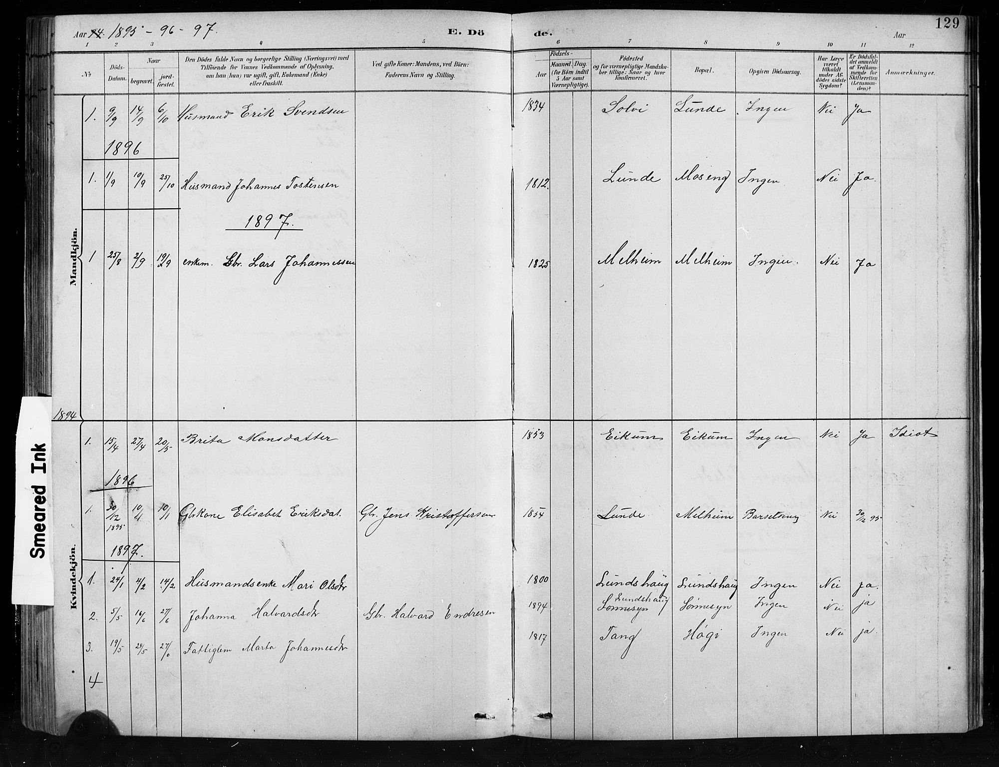 Jostedal sokneprestembete, SAB/A-80601/H/Hab/Habb/L0001: Parish register (copy) no. B 1, 1882-1921, p. 129