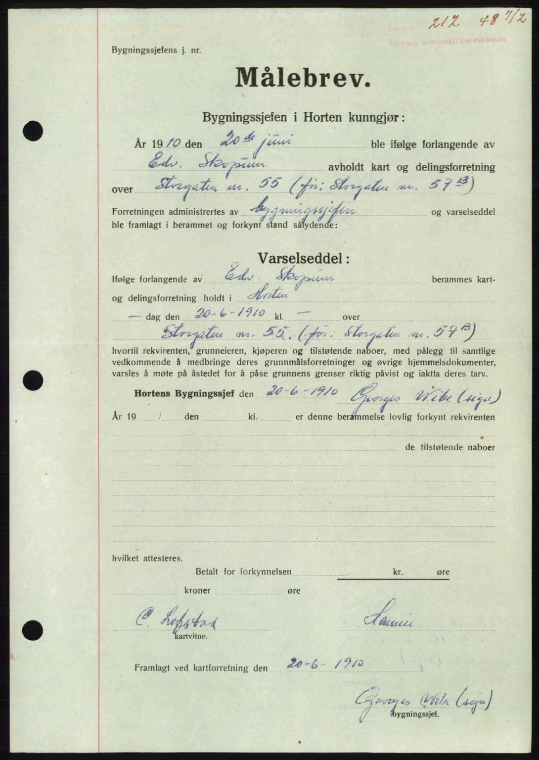 Horten sorenskriveri, AV/SAKO-A-133/G/Ga/Gaa/L0010: Mortgage book no. A-10, 1947-1948, Diary no: : 212/1948