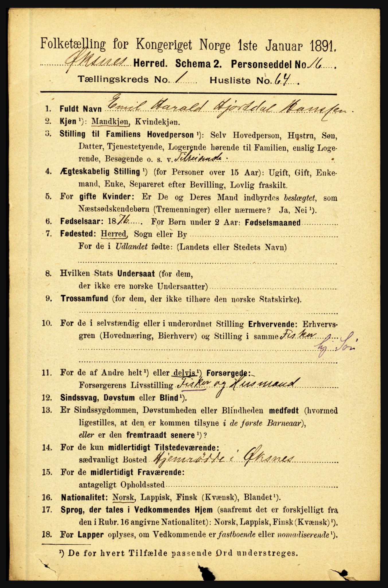 RA, 1891 census for 1868 Øksnes, 1891, p. 595