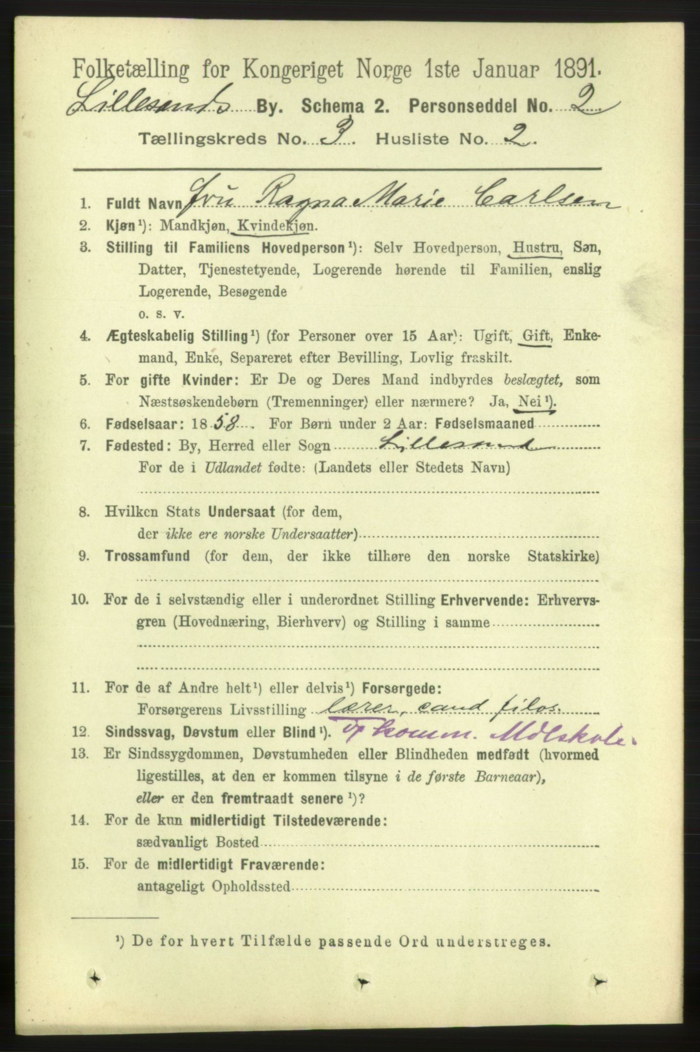 RA, 1891 census for 0905 Lillesand, 1891, p. 652