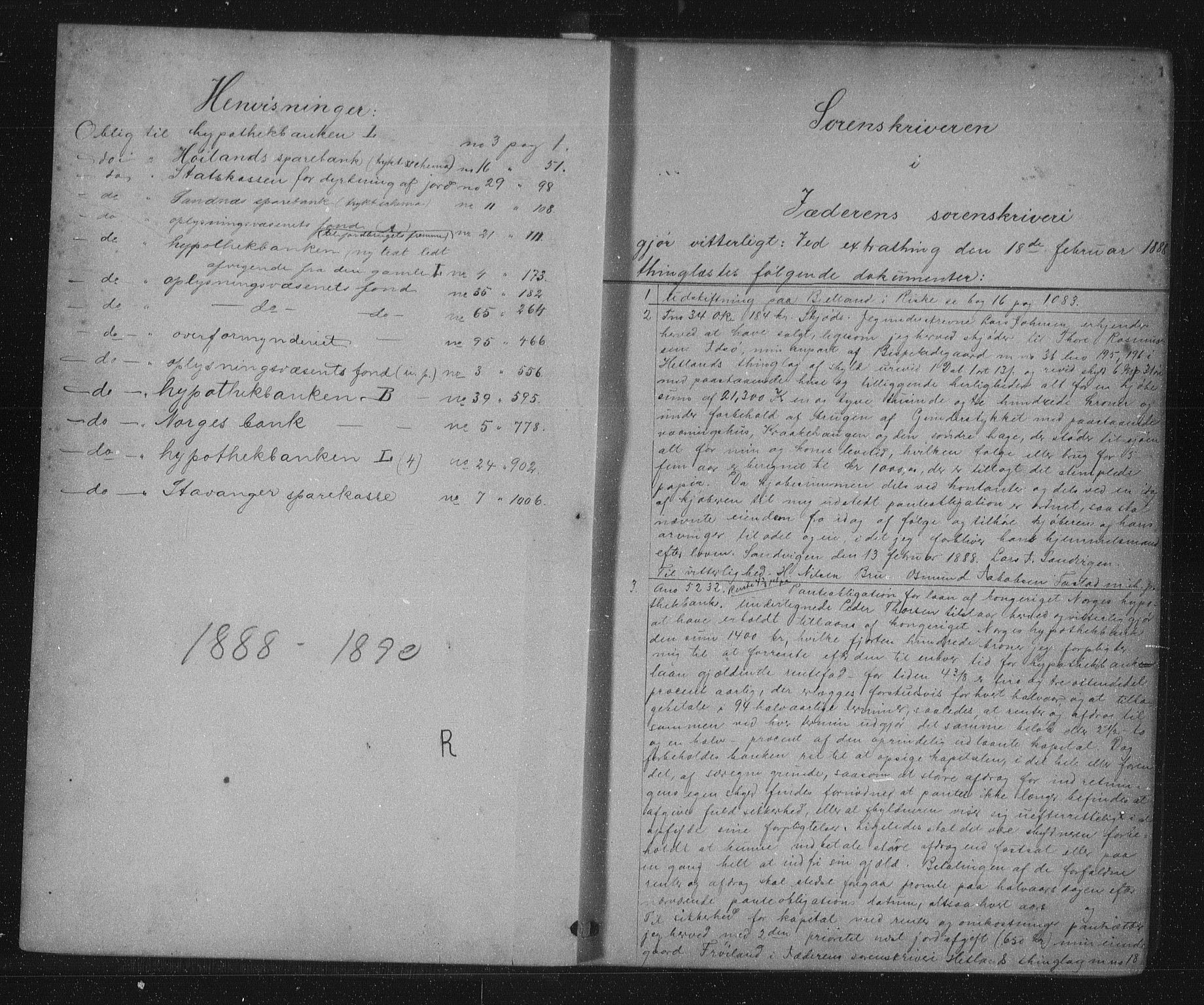 Jæren sorenskriveri, SAST/A-100310/01/4/41/41BF/L0010: Mortgage book no. 17, 1888-1890, p. 0-1