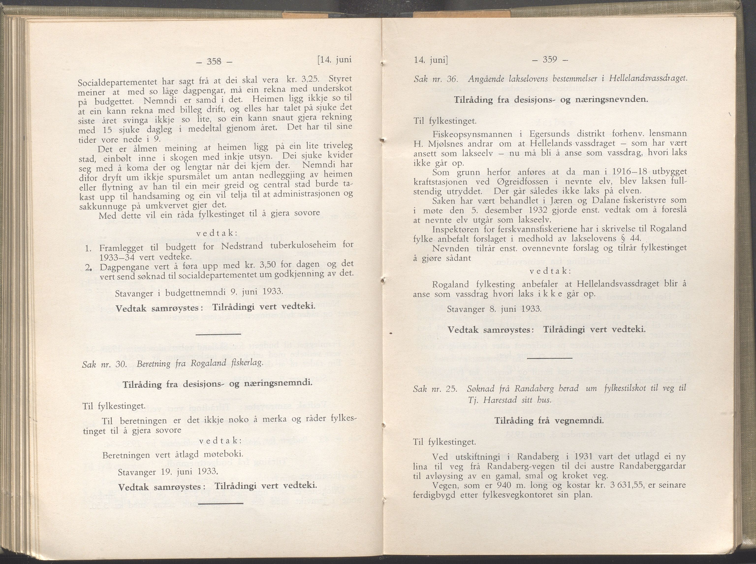 Rogaland fylkeskommune - Fylkesrådmannen , IKAR/A-900/A/Aa/Aaa/L0052: Møtebok , 1933, p. 358-359