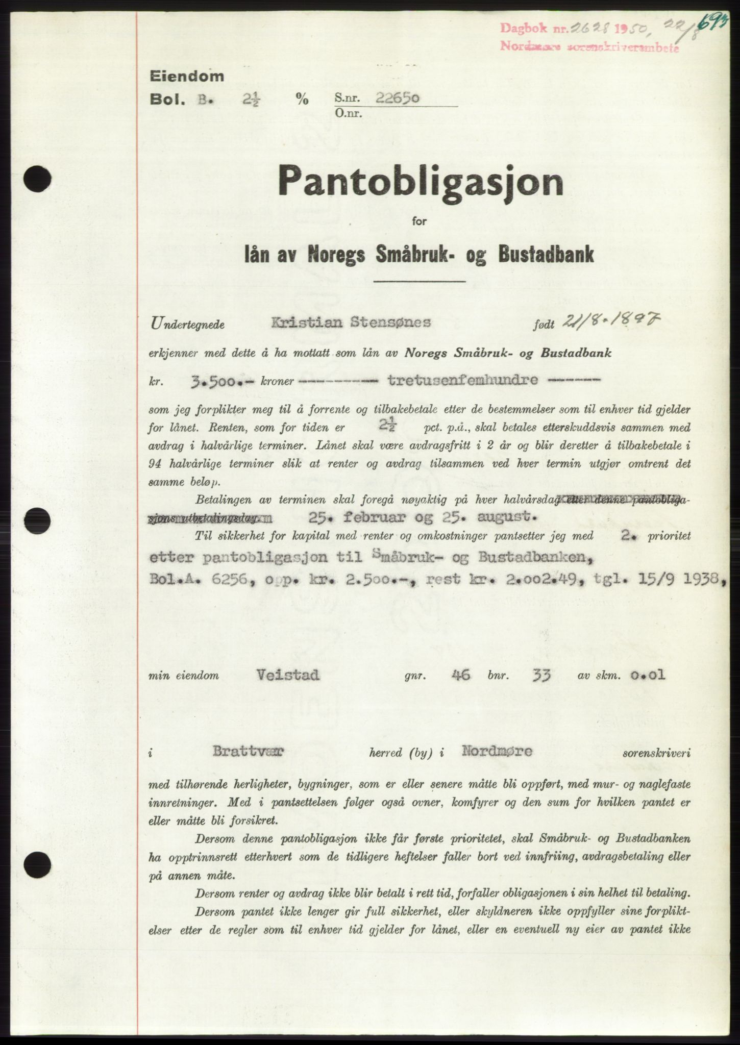 Nordmøre sorenskriveri, AV/SAT-A-4132/1/2/2Ca: Mortgage book no. B105, 1950-1950, Diary no: : 2628/1950