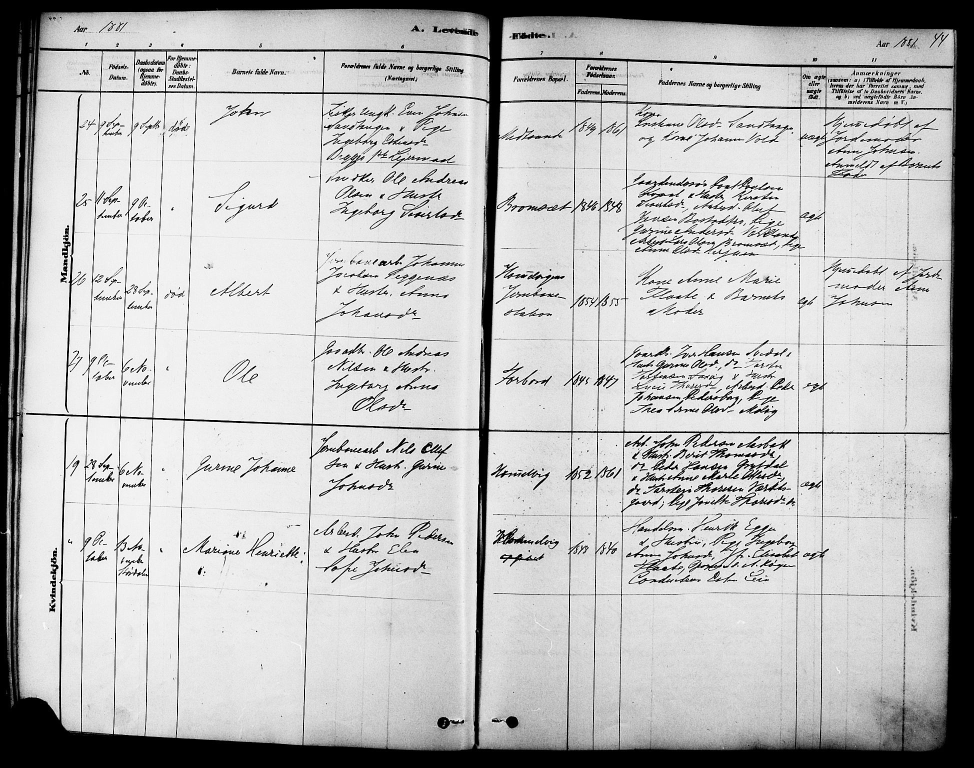 Ministerialprotokoller, klokkerbøker og fødselsregistre - Sør-Trøndelag, AV/SAT-A-1456/616/L0410: Parish register (official) no. 616A07, 1878-1893, p. 44