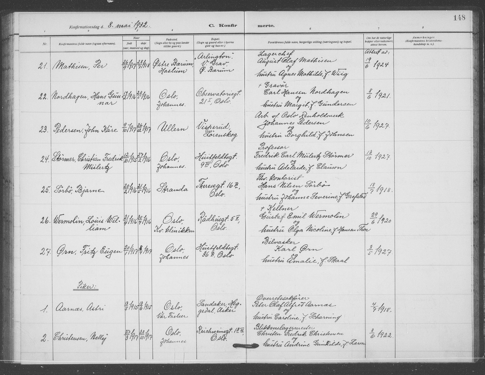 Oslo domkirke Kirkebøker, AV/SAO-A-10752/F/Fa/L0031: Parish register (official) no. 31, 1918-1941, p. 148